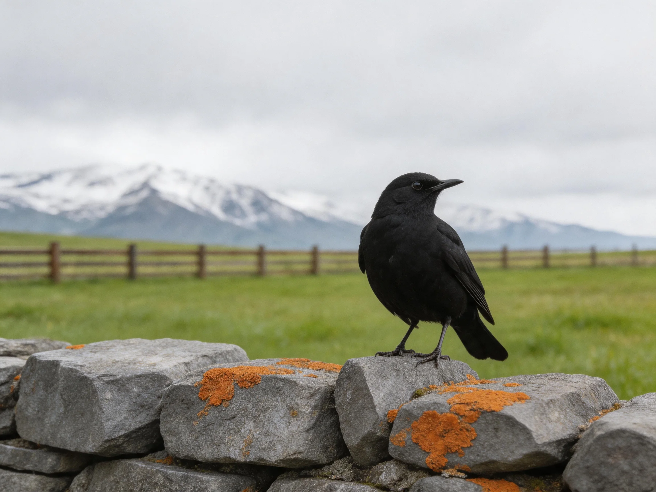 Black bird perched on lichen-covered stone wall near fenced pasture and snowy mountains
