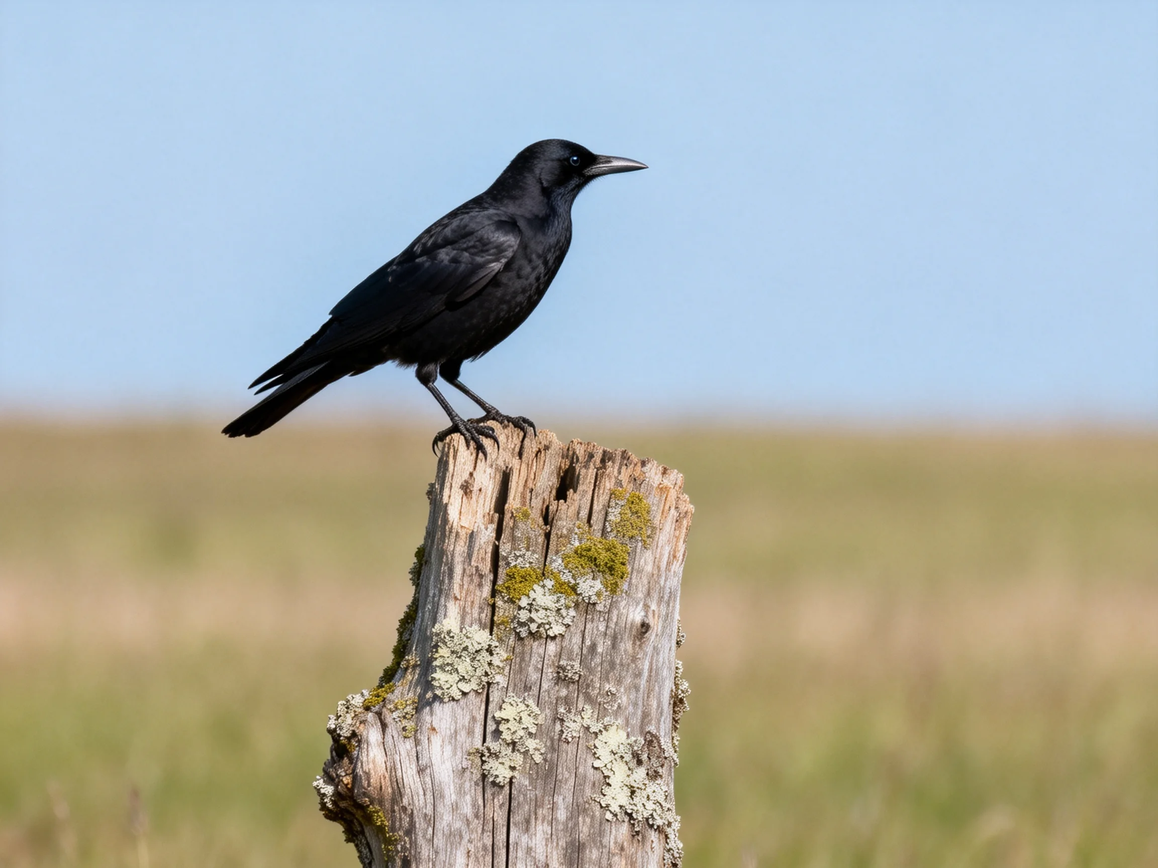 Black bird perched on mossy, aged wooden post