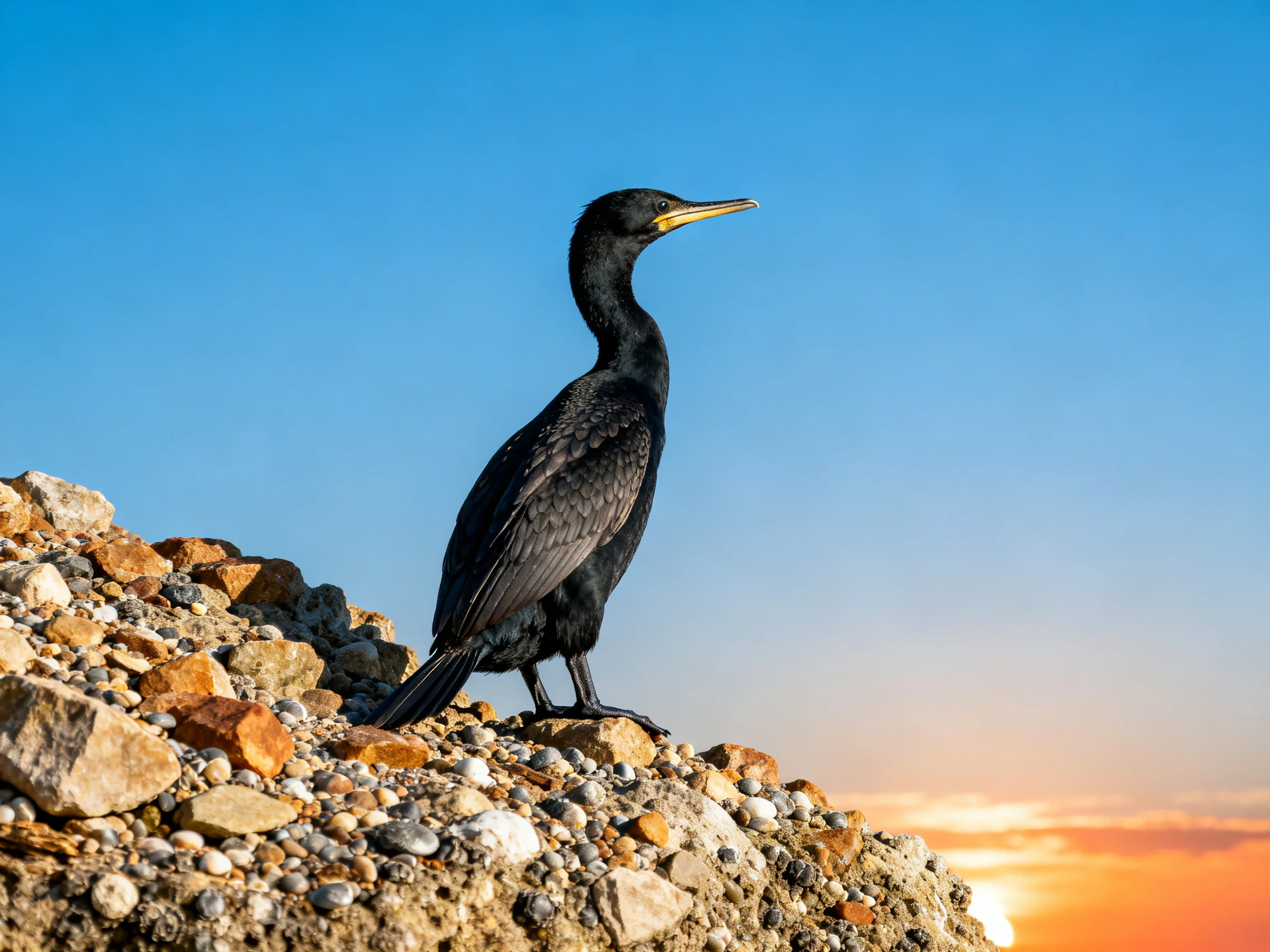 Black bird perched on rocky mound with clear sky and sunset