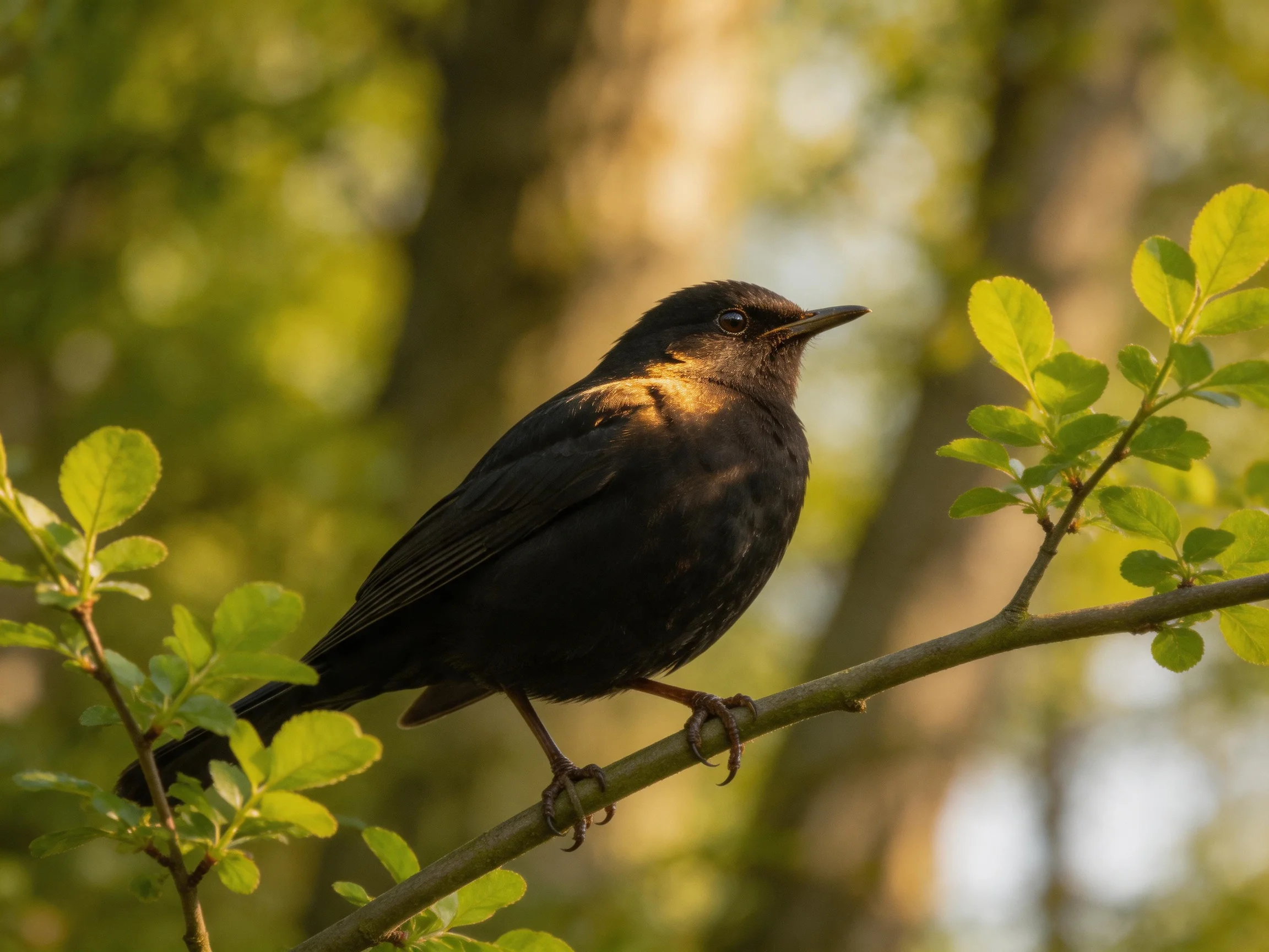 Black bird perched on sun-dappled branch among green foliage