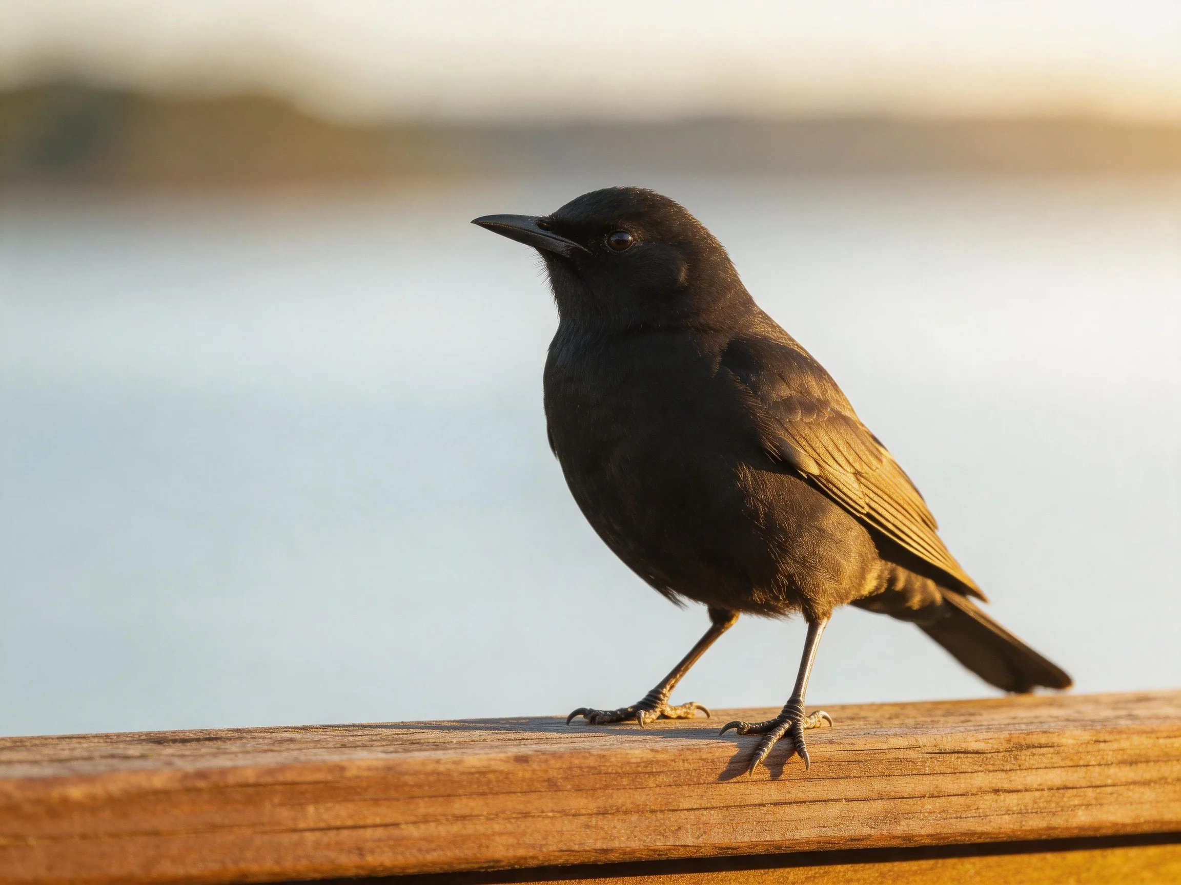 Black bird perched on wooden railing by calm water