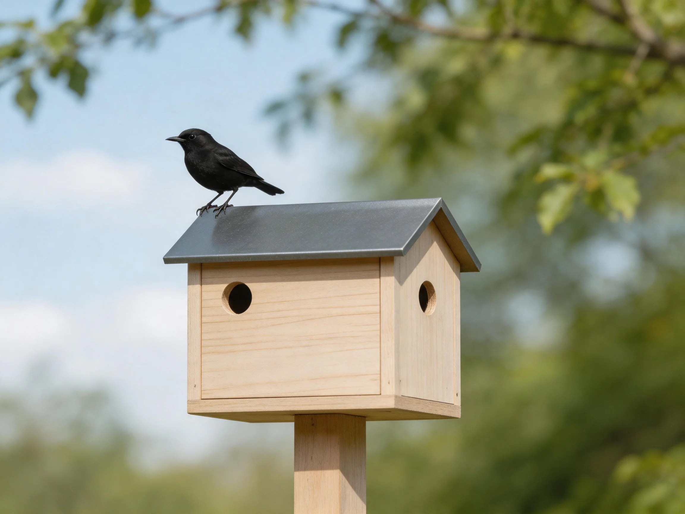 Black bird perches atop wooden birdhouse with metal roof