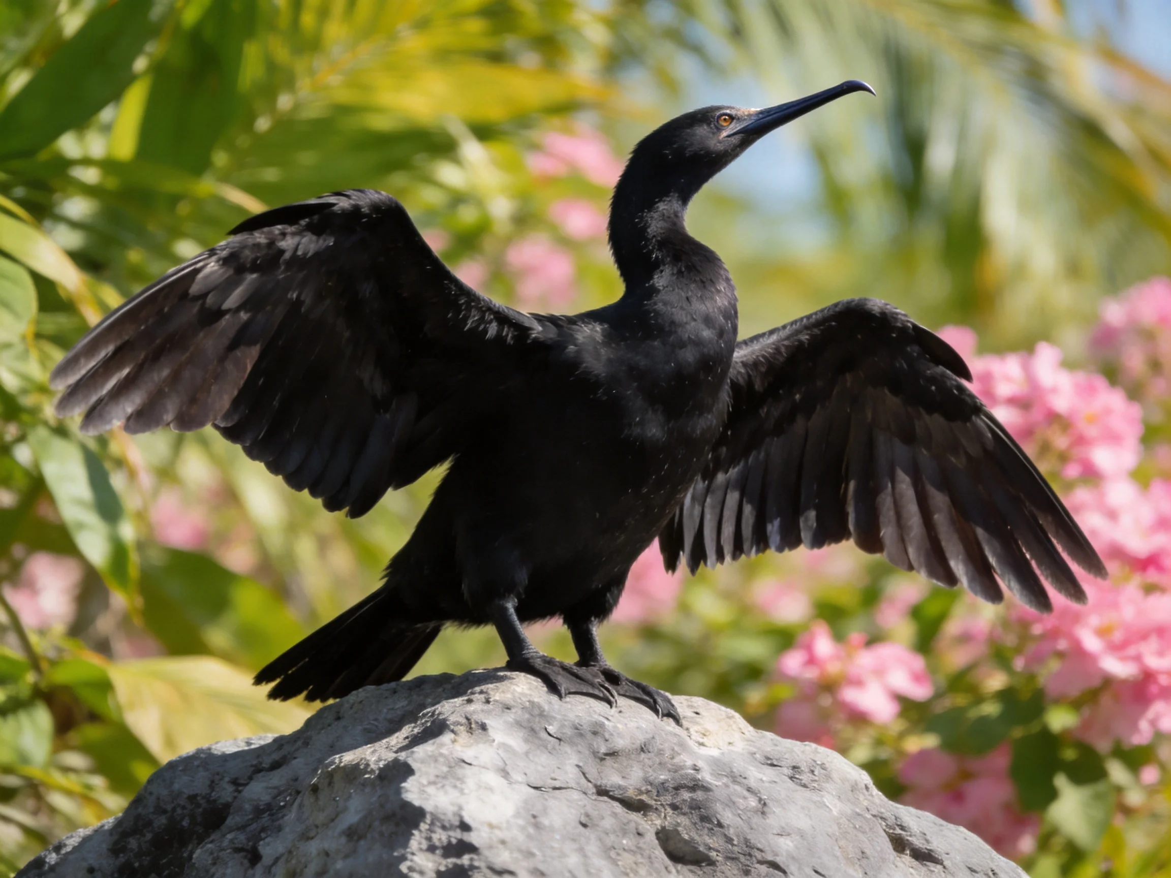 Black bird spreading wings atop rock near pink flowers