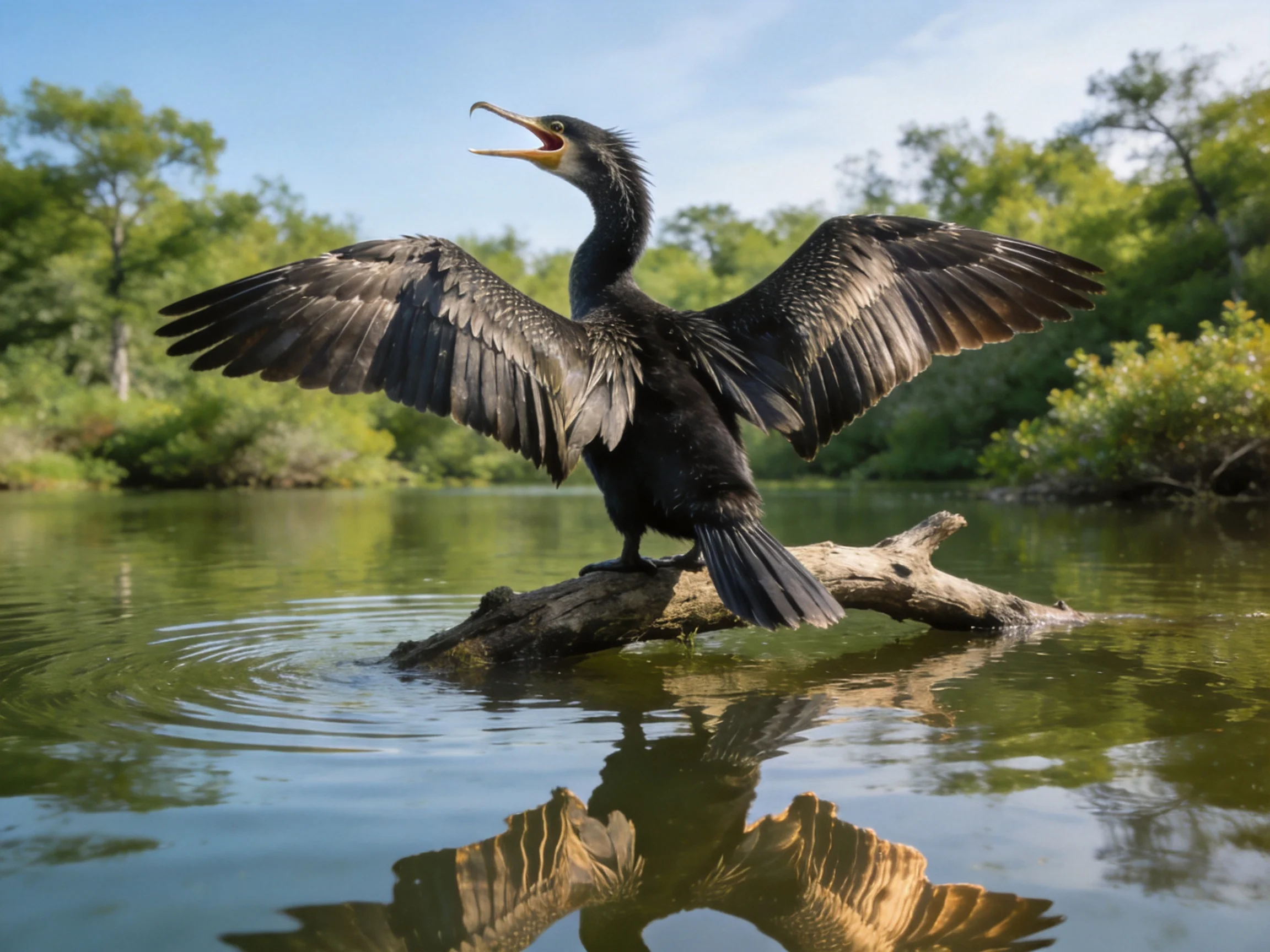 Black bird spreading wings on a log over calm water