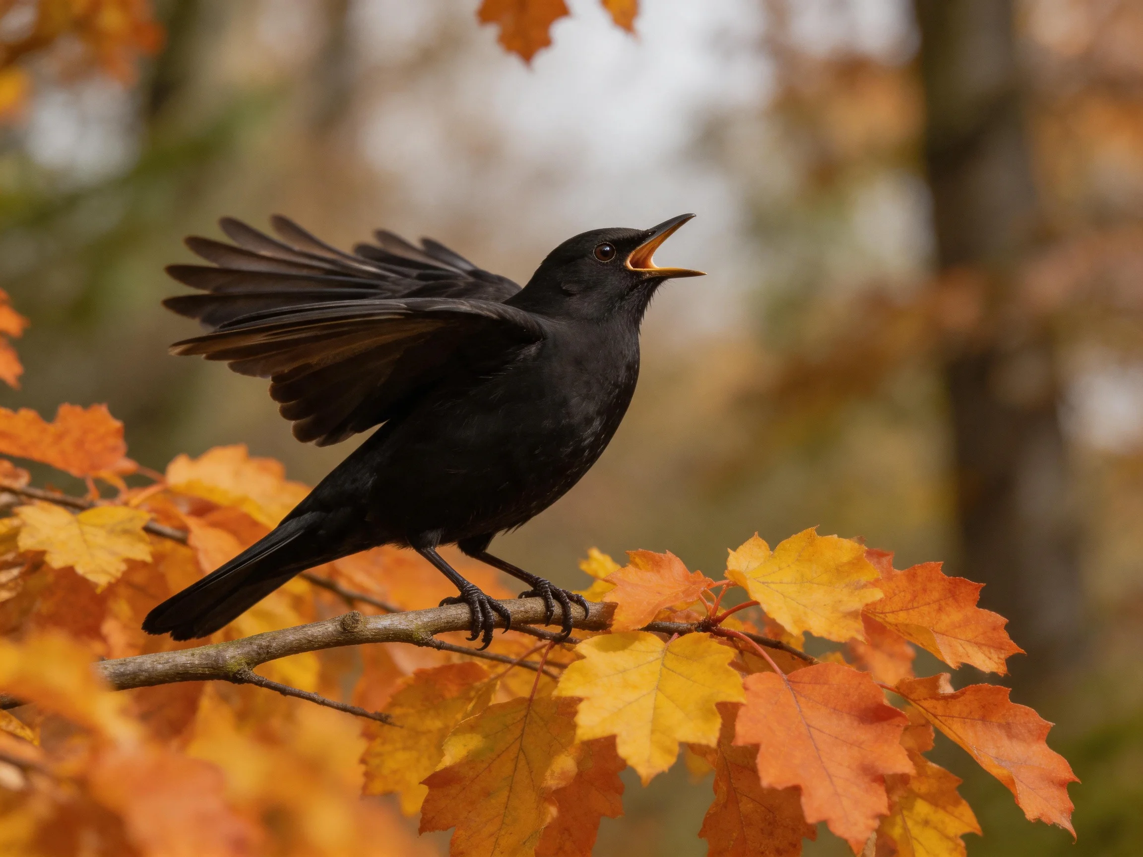 Black bird spreading wings on autumn leaf-covered branch
