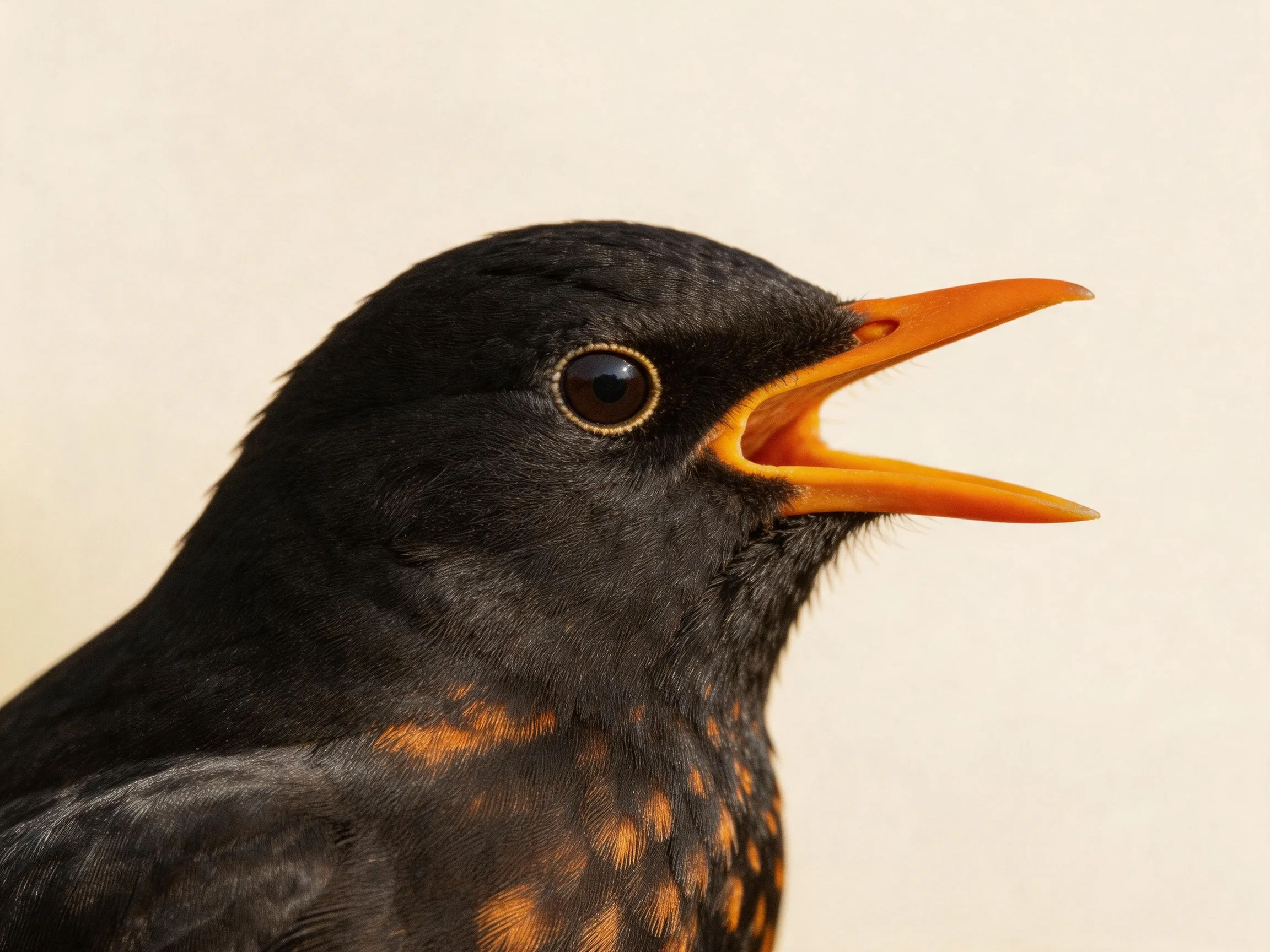A black bird displays its bright orange beak and spotted plumage.