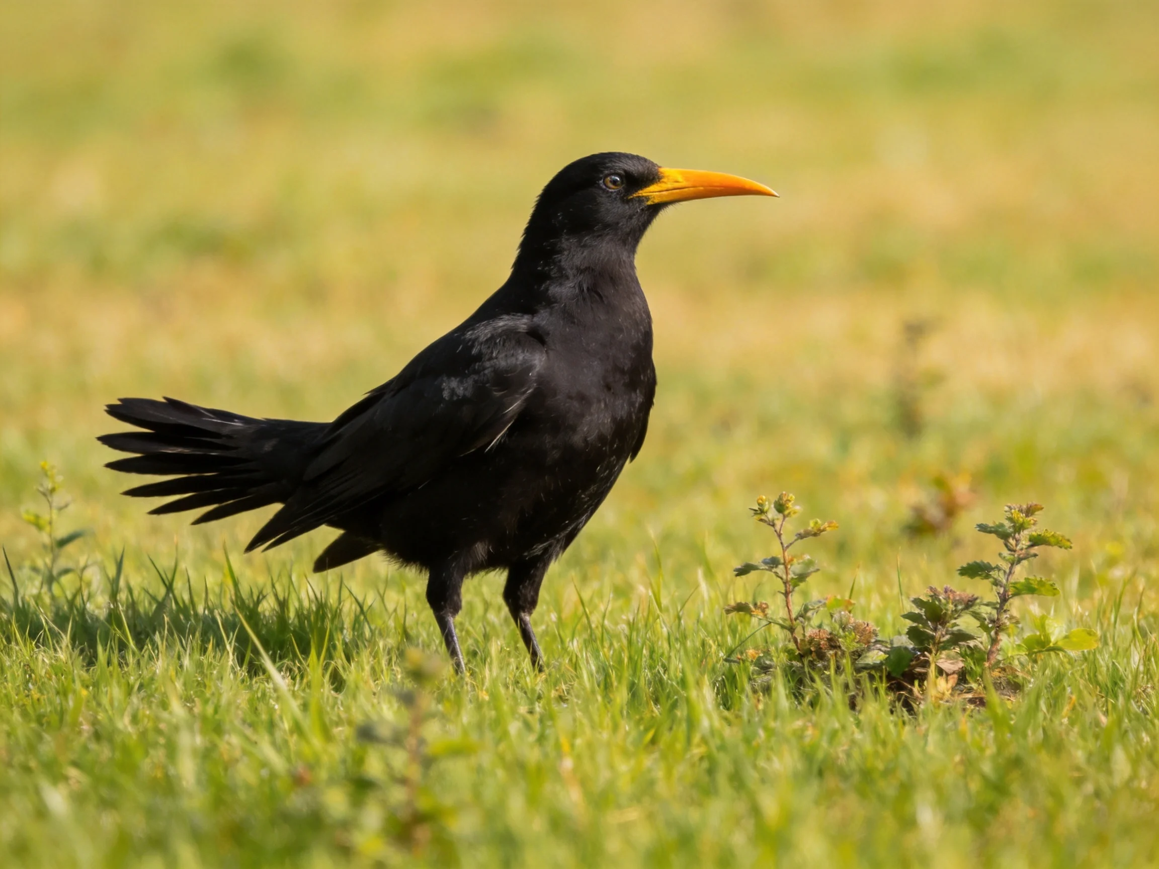 Black bird with bright orange beak on green grassy field