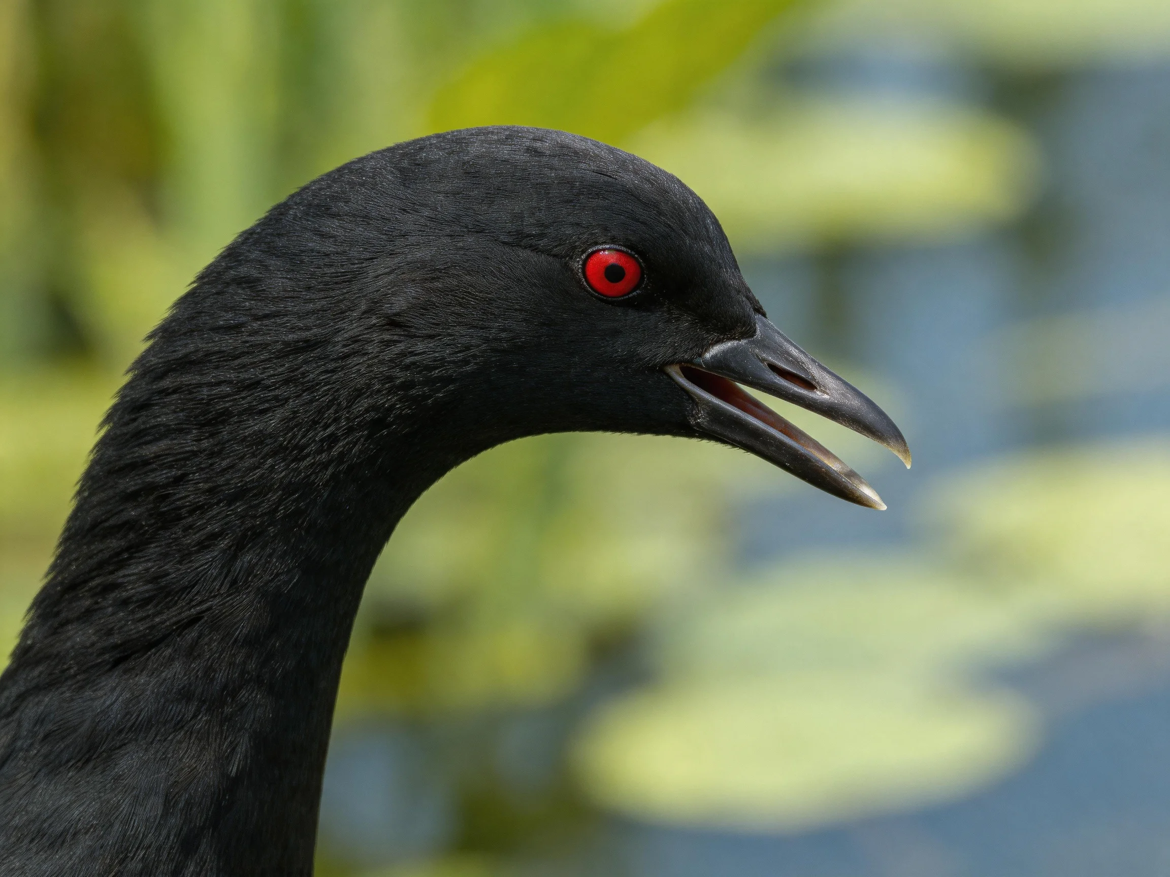 Black bird with bright red eye near water lilies