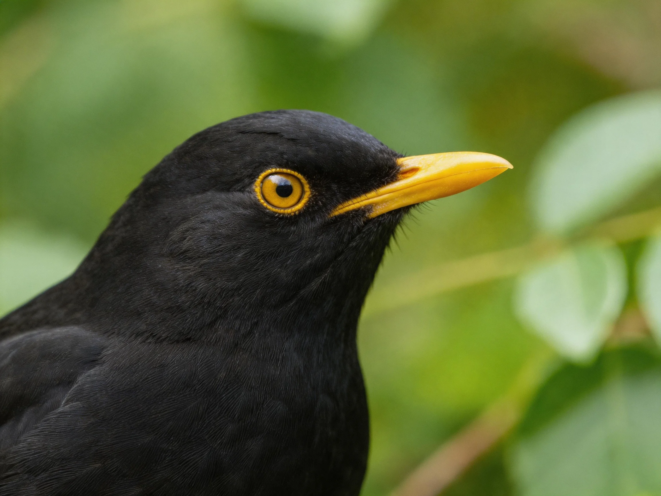 Black bird with bright yellow beak among green foliage