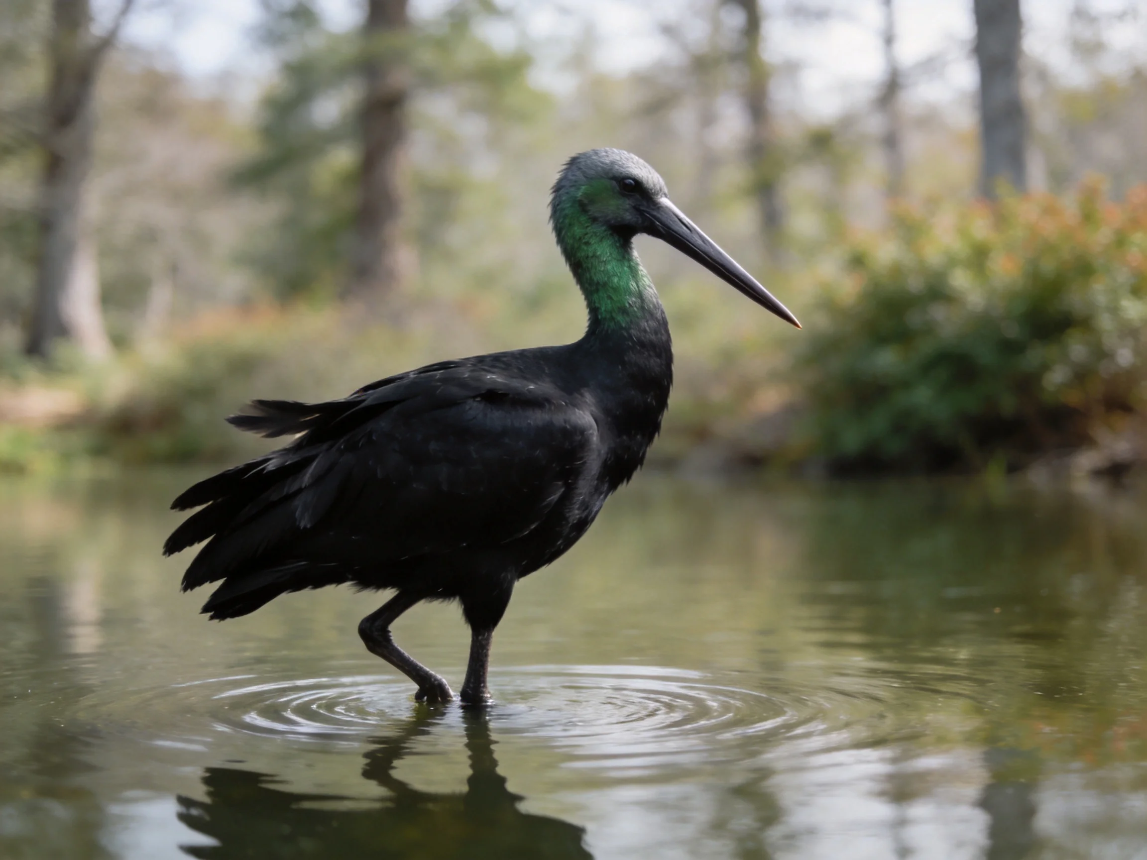 Black bird with green neck standing in shallow water near trees