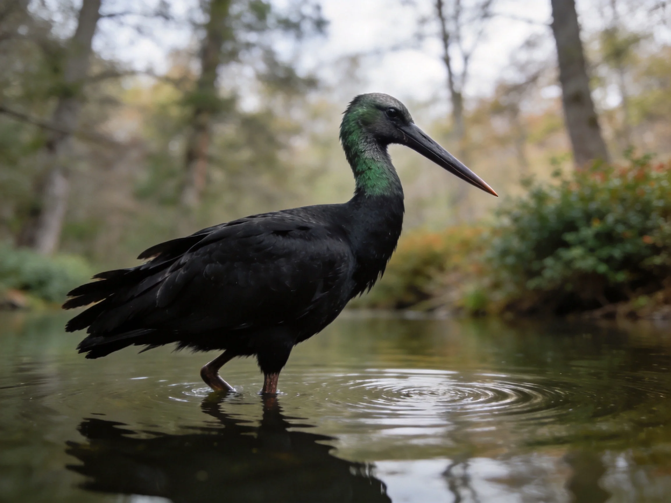 Black bird with green neck wading in shallow water near trees