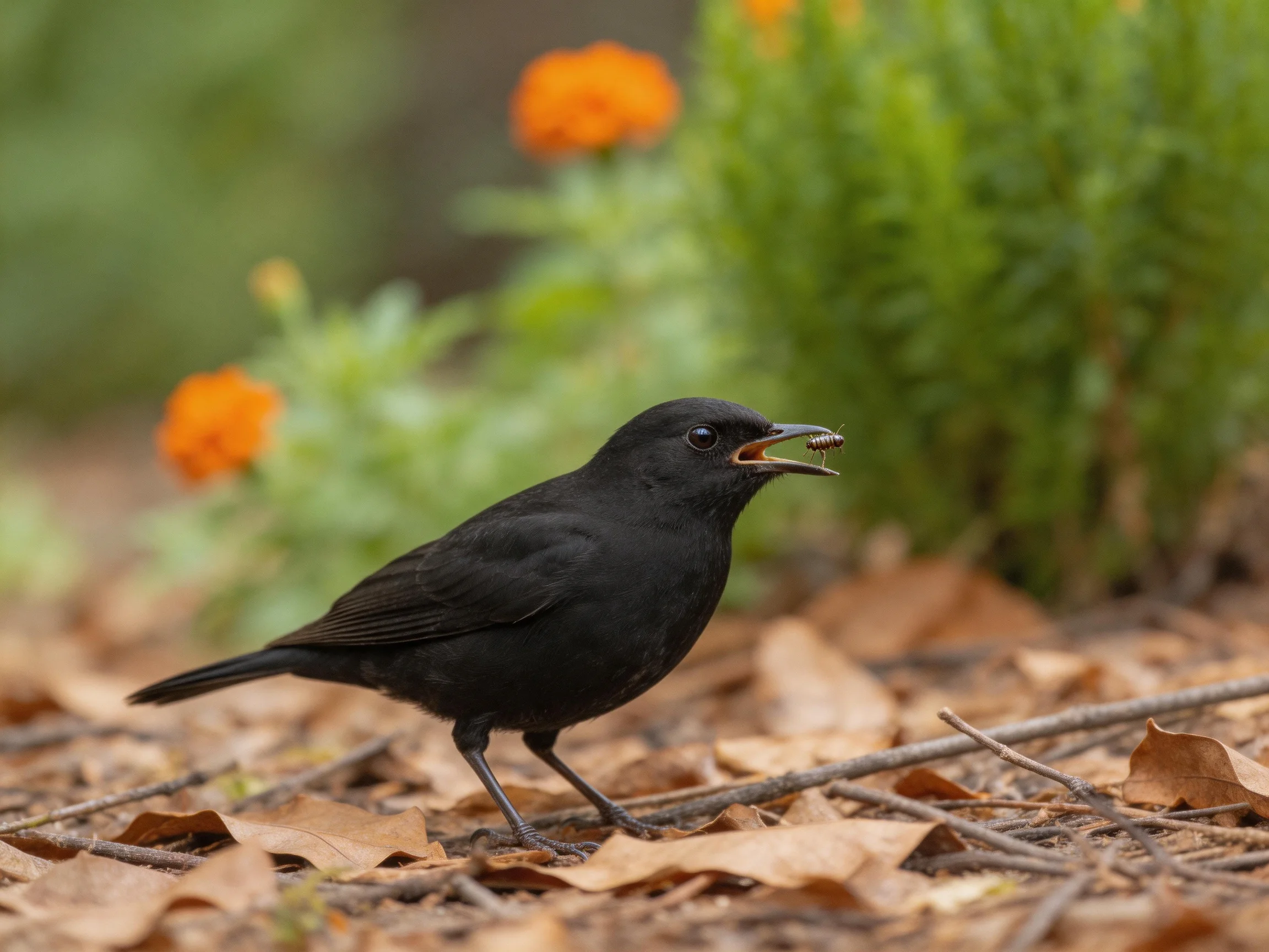 A black bird holds an insect while standing near orange flowers and dry leaves.