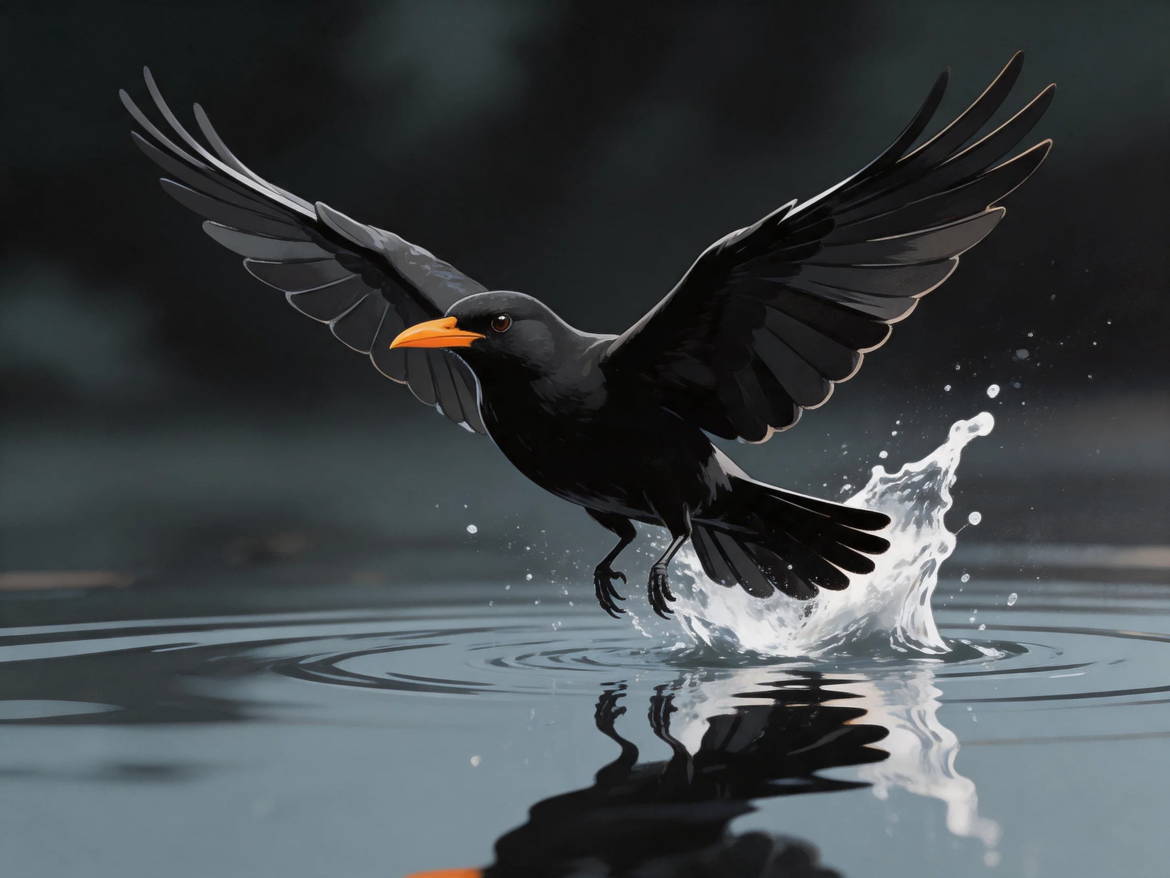 Black bird with orange beak emerging from water splash