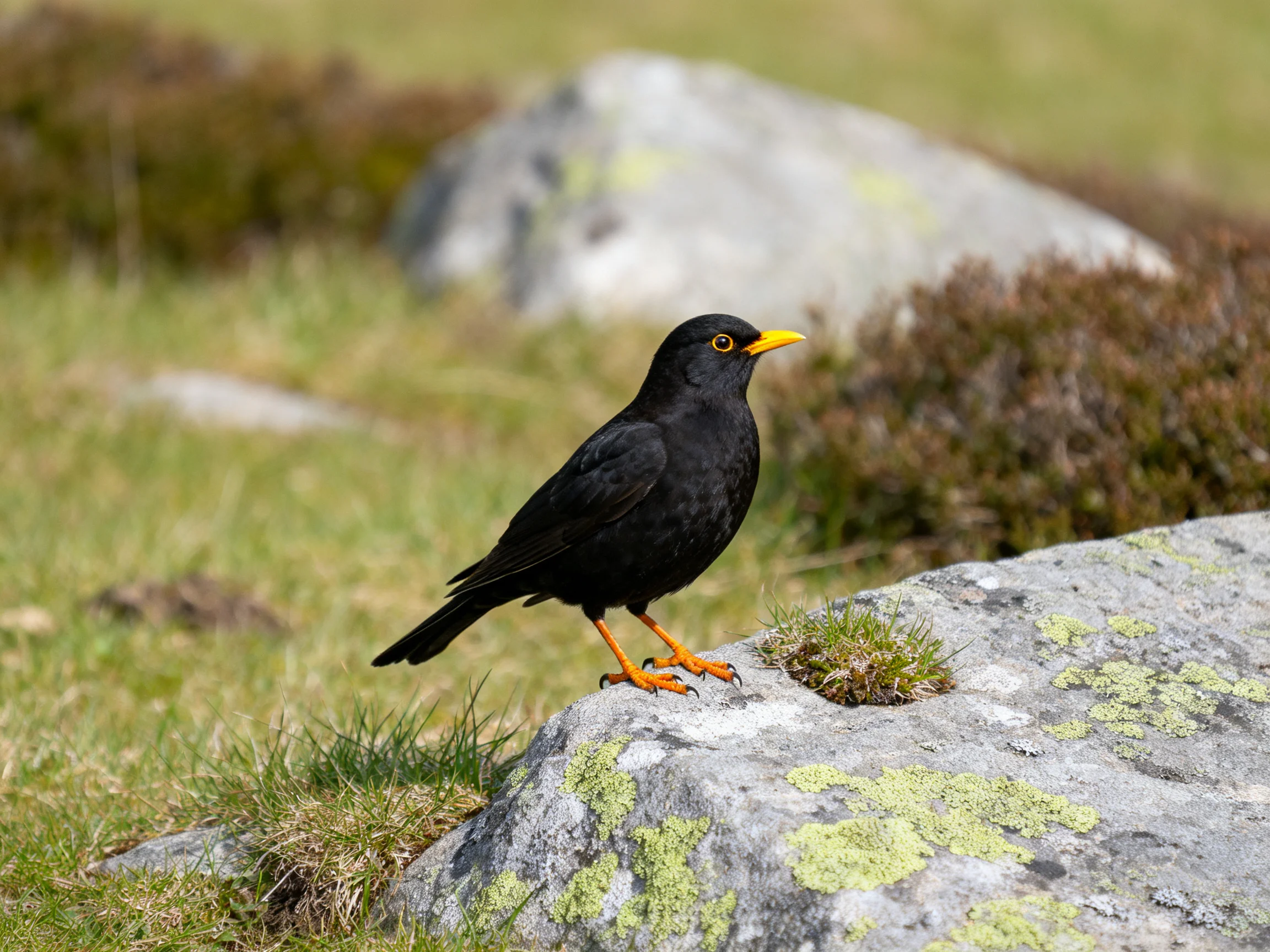 Black bird with orange beak perches on lichen-covered rock