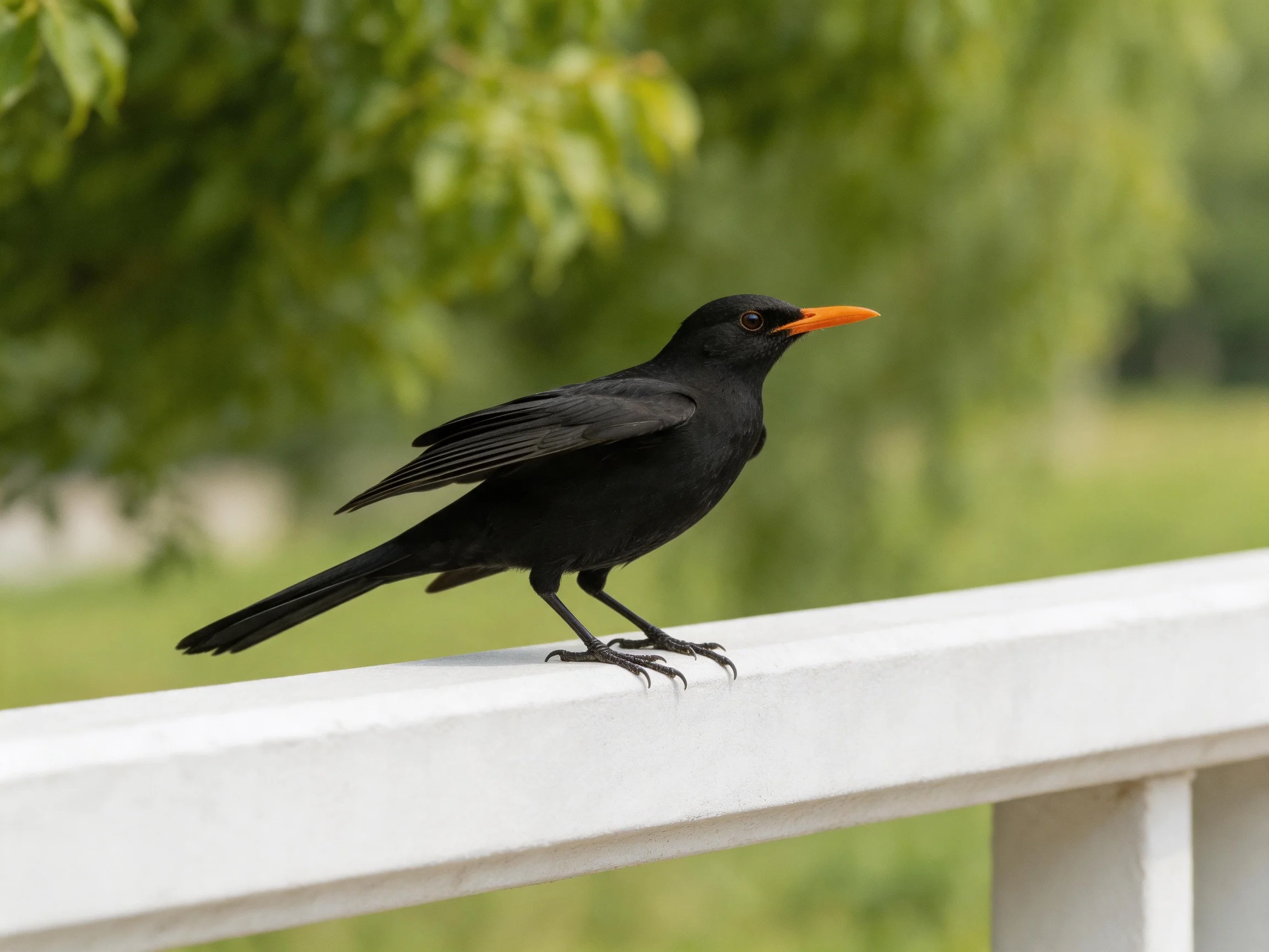 Black bird with orange beak perches on white railing near green trees