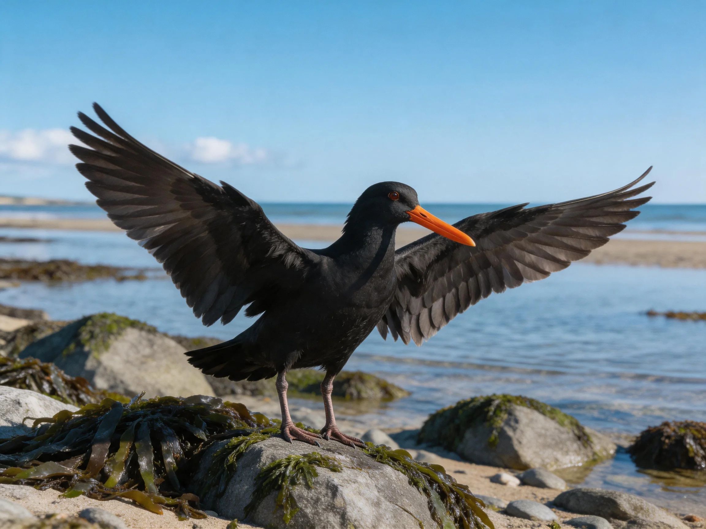 Black bird with orange beak spreading wings on coastal rocky shore