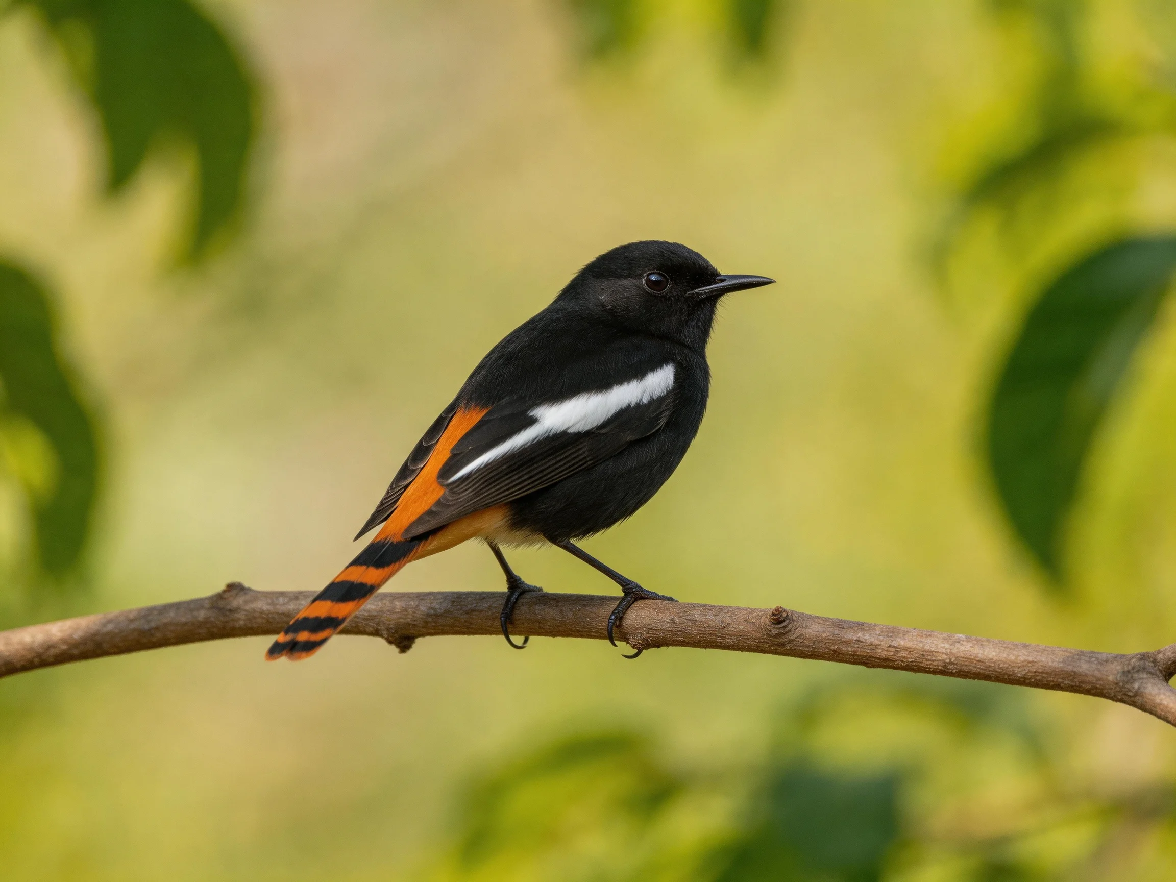 Black bird with orange/red markings perched on branch