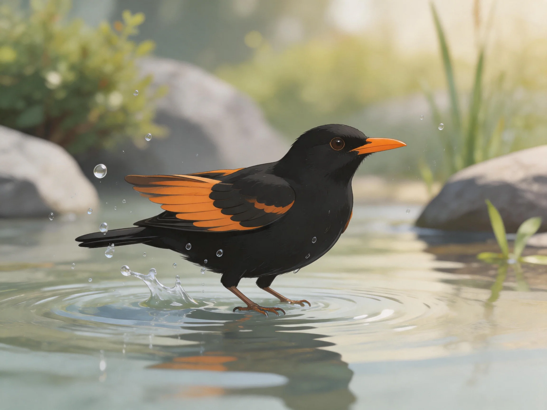 Black bird with orange wings wading in shallow water