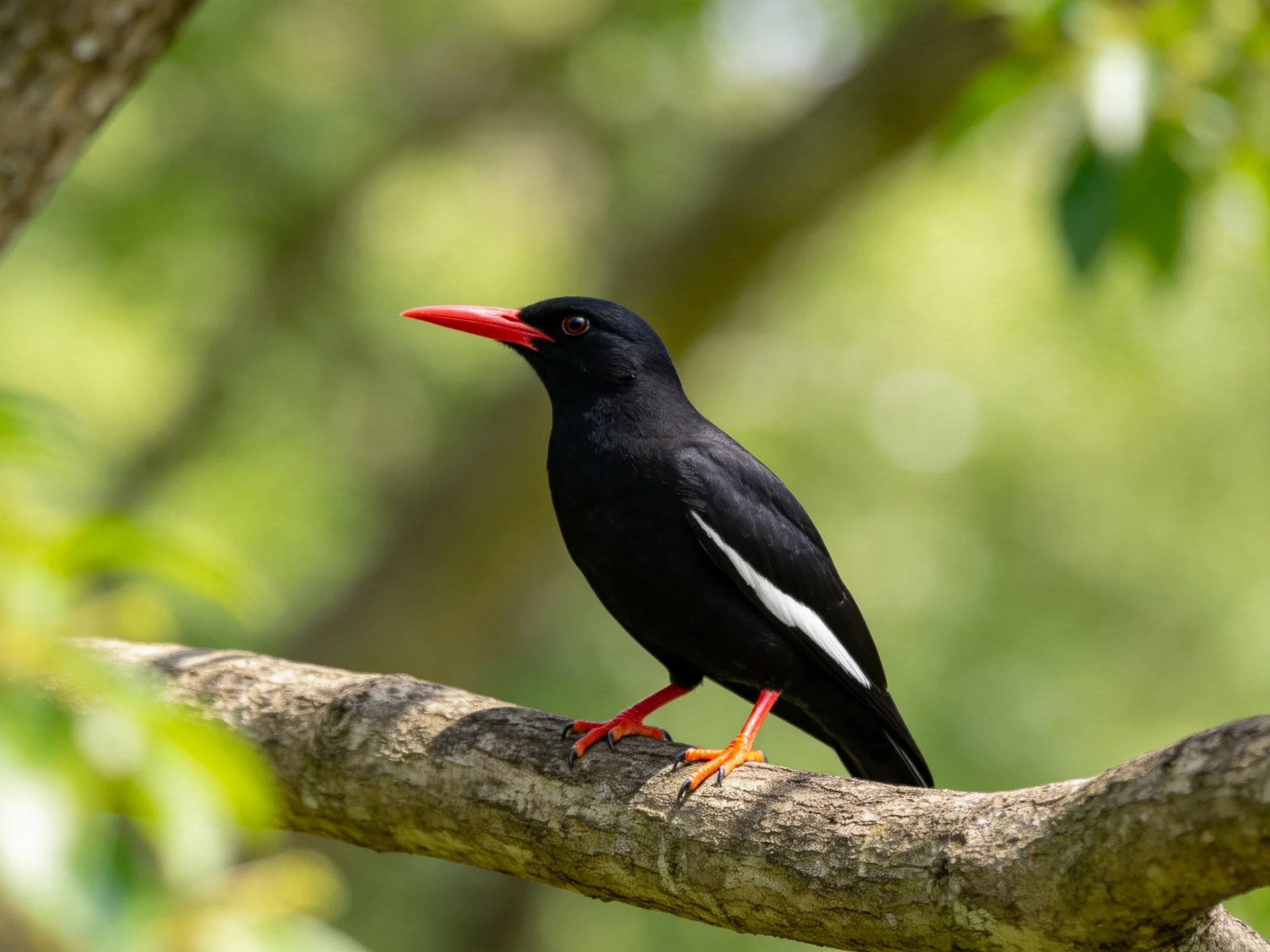 Black bird with red beak and white wing stripe on a tree branch