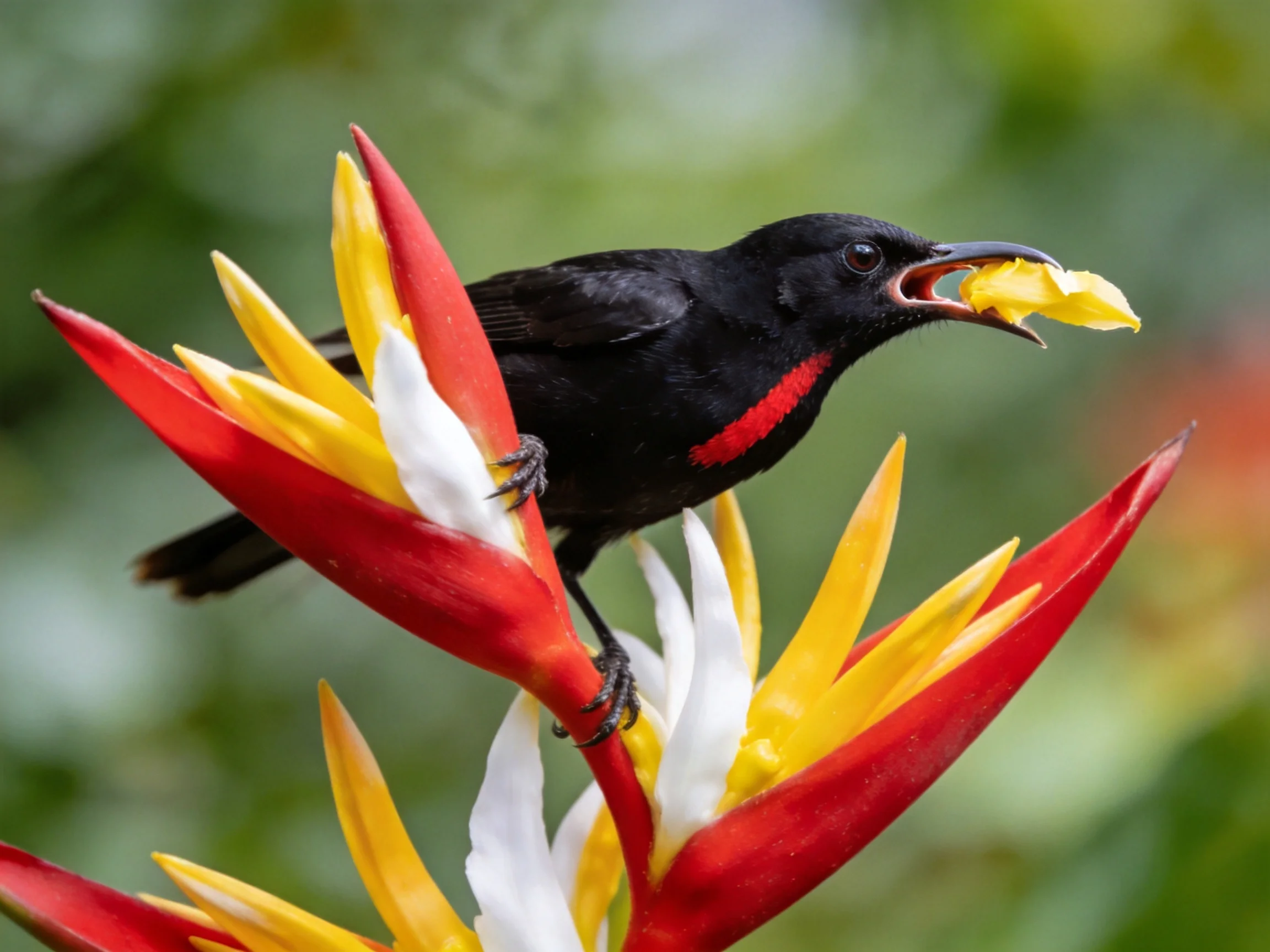 Black bird with red chest perches on vibrant heliconia flowers