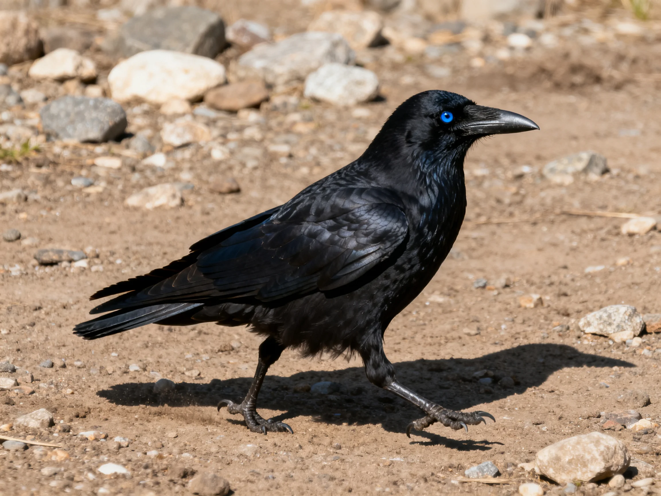 Black bird with vivid blue eye on rocky dirt ground