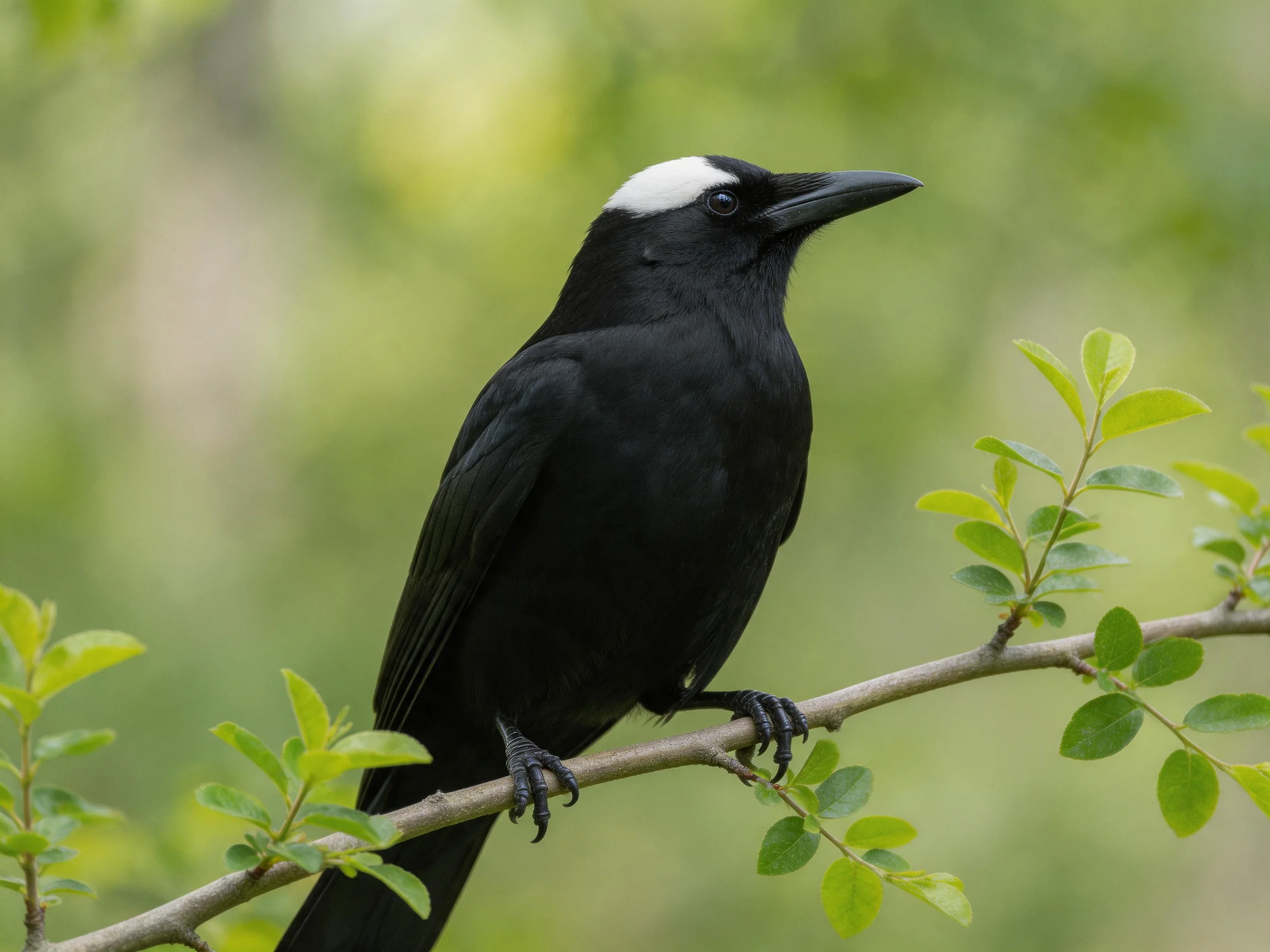 Black bird with white crown perched on leafy branch