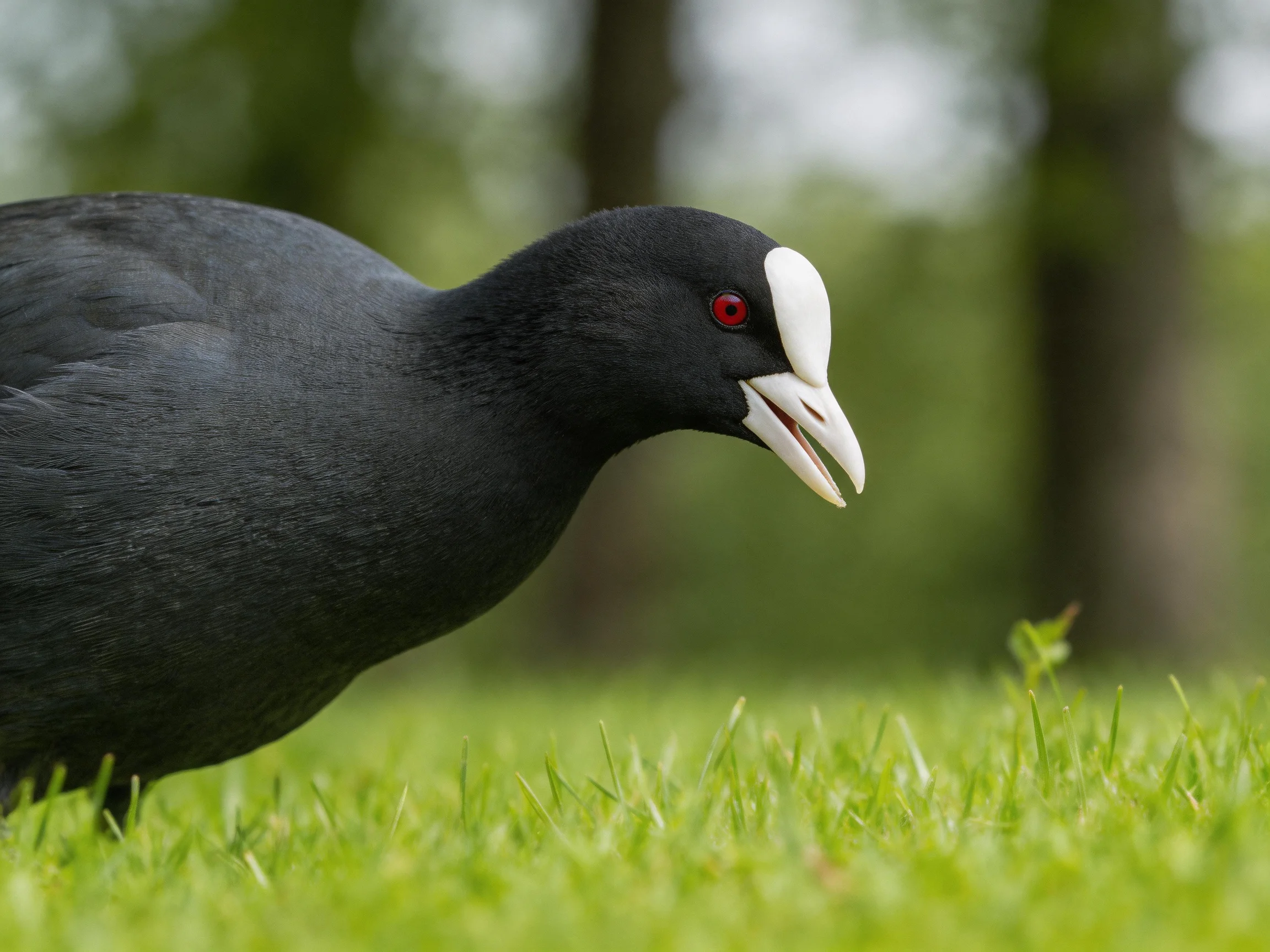 Black bird with white facial patch on lush green grass