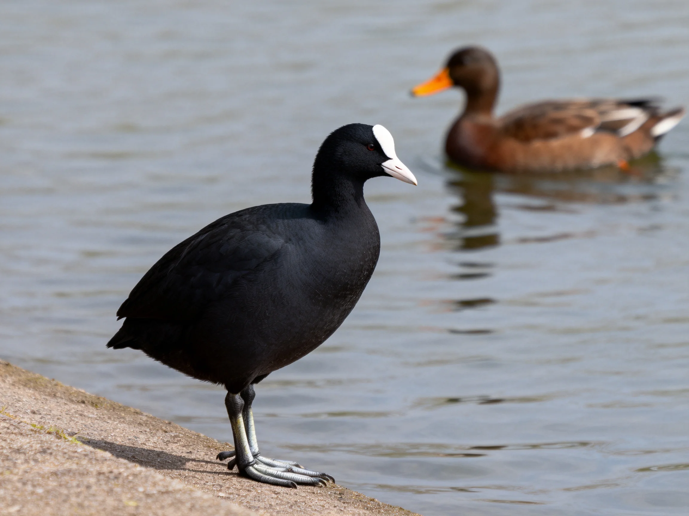 Black bird with white marking stands near brown duck in water