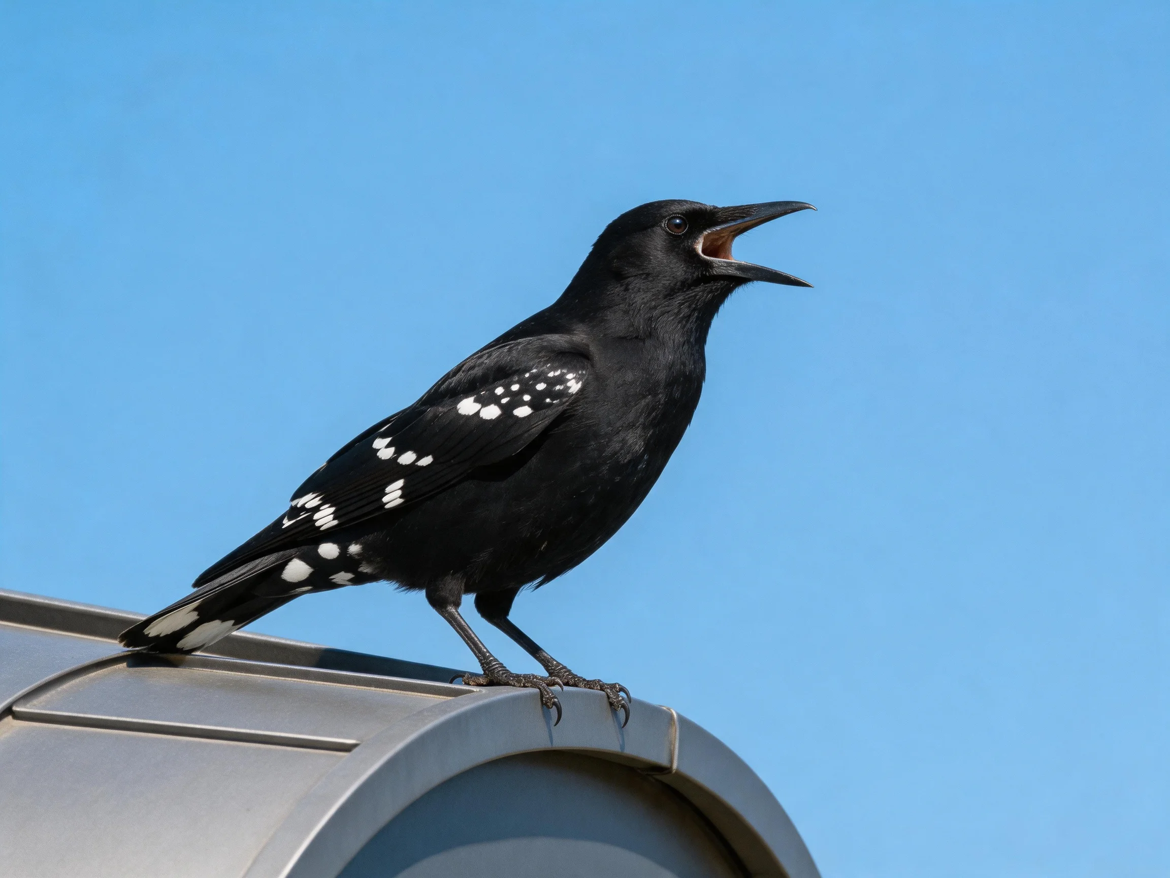 Black bird with white spots perched on metallic surface