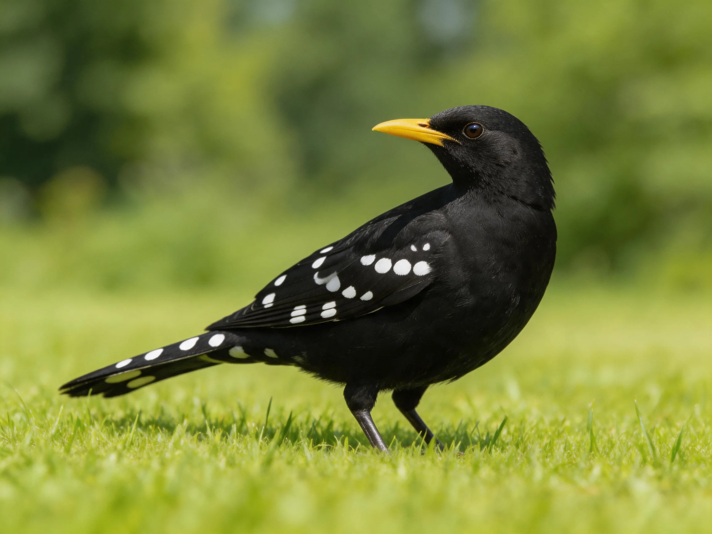 Black bird with white spots standing on green grass