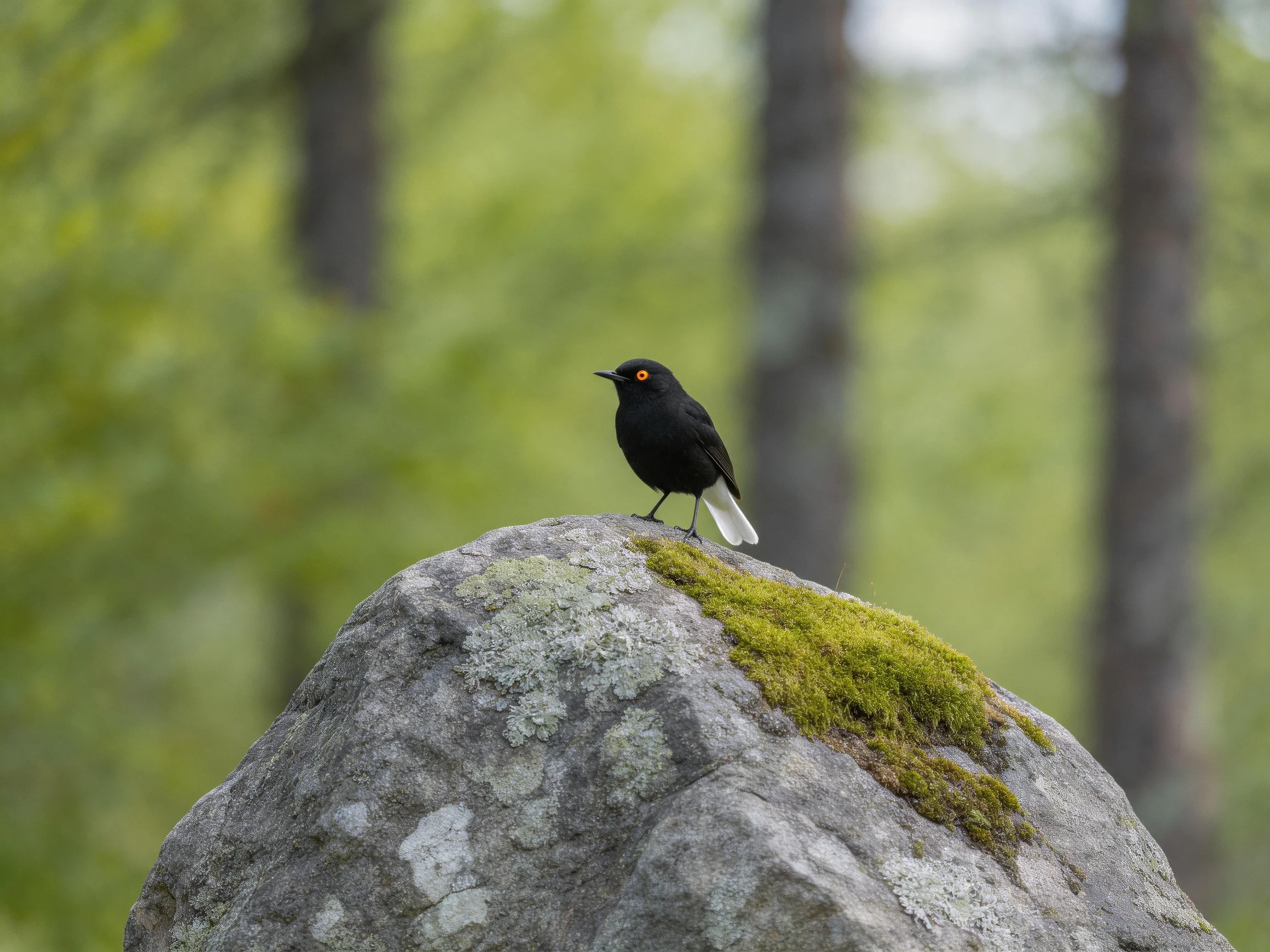 Black bird with white tail on mossy gray rock in forest