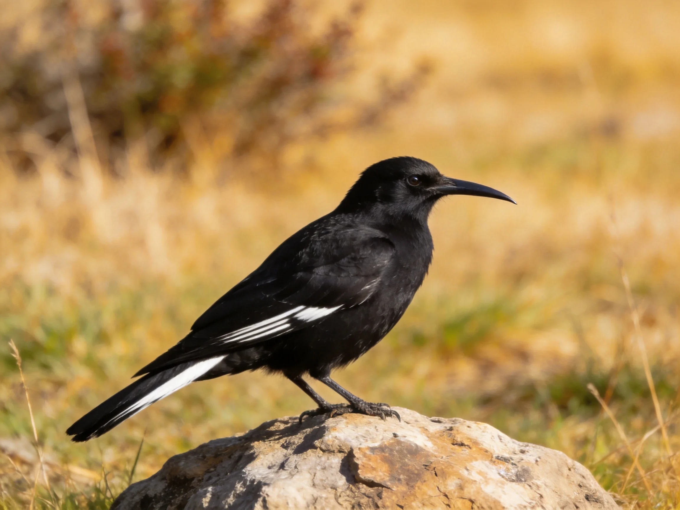 Black bird with white wing markings perched on a rock