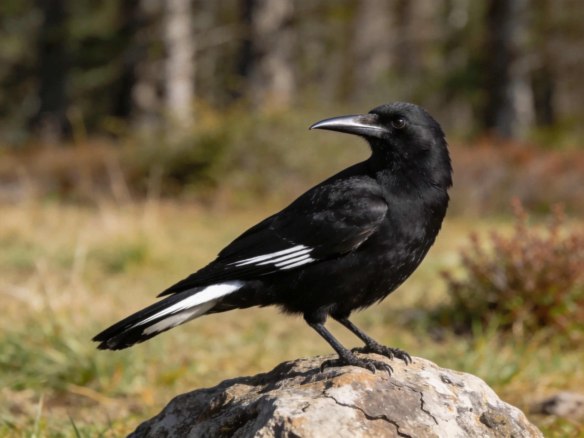Black bird with white wing markings perched on a rock outdoors