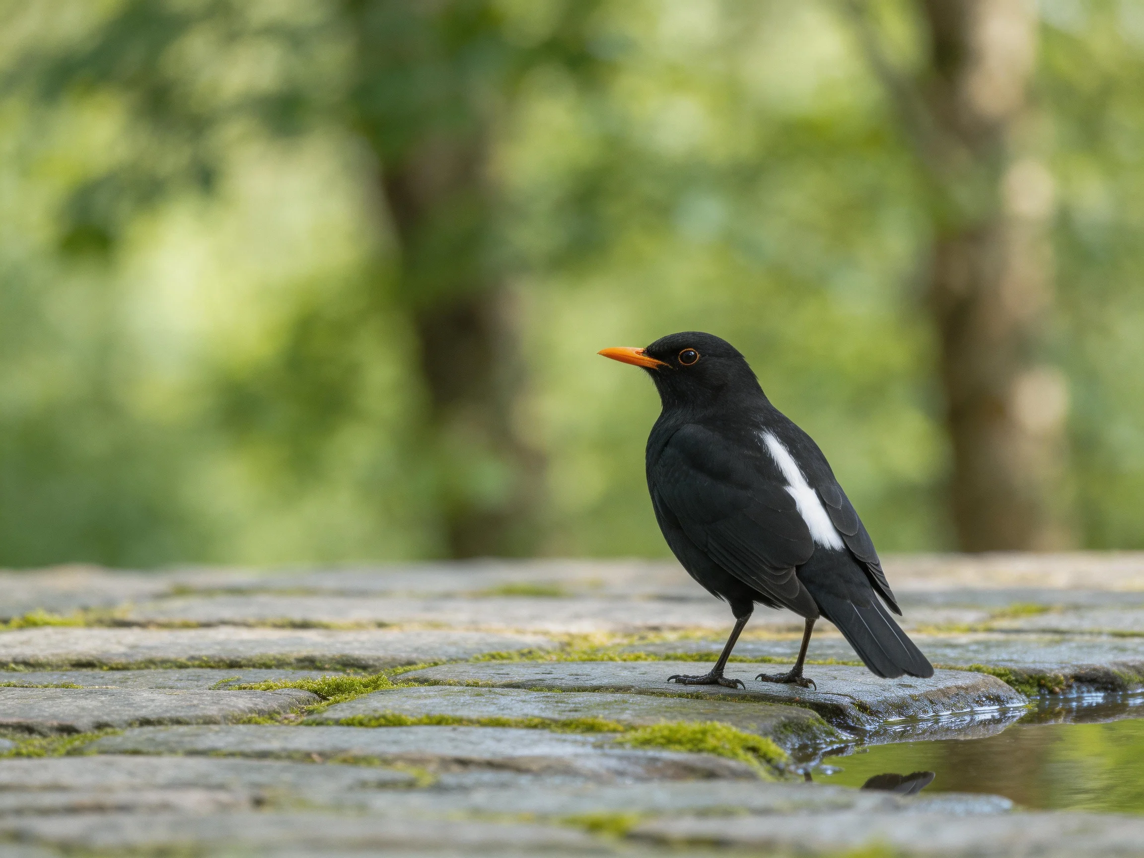Black bird with white wing patch on mossy stone near water