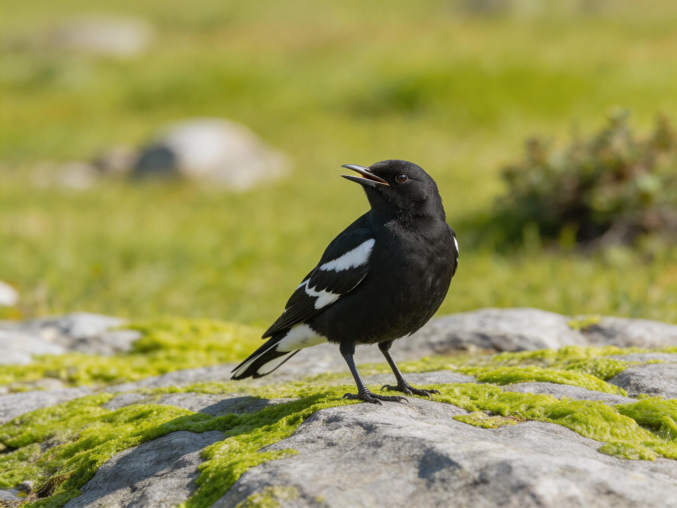 Black bird with white wing patches perched on mossy rock