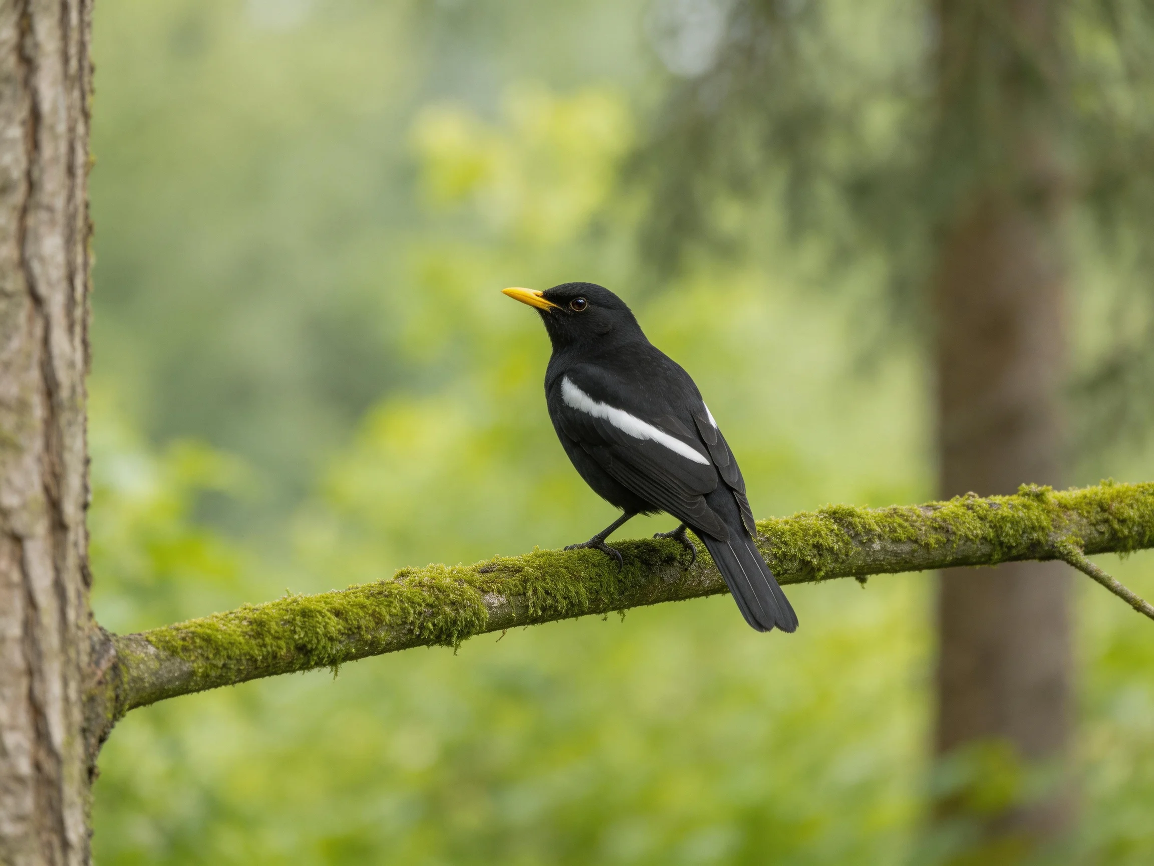Black bird with white wing stripe on mossy branch