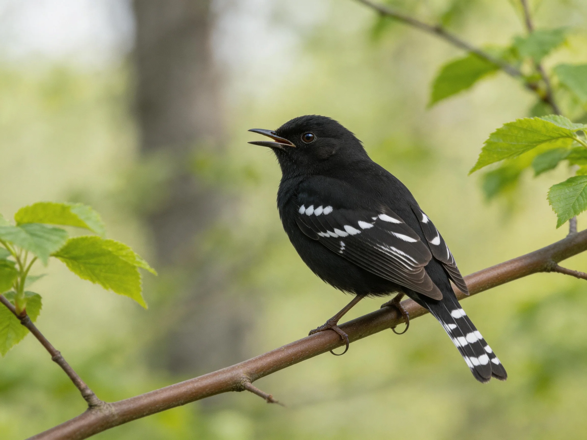Black bird with white wing stripes perches on a tree branch