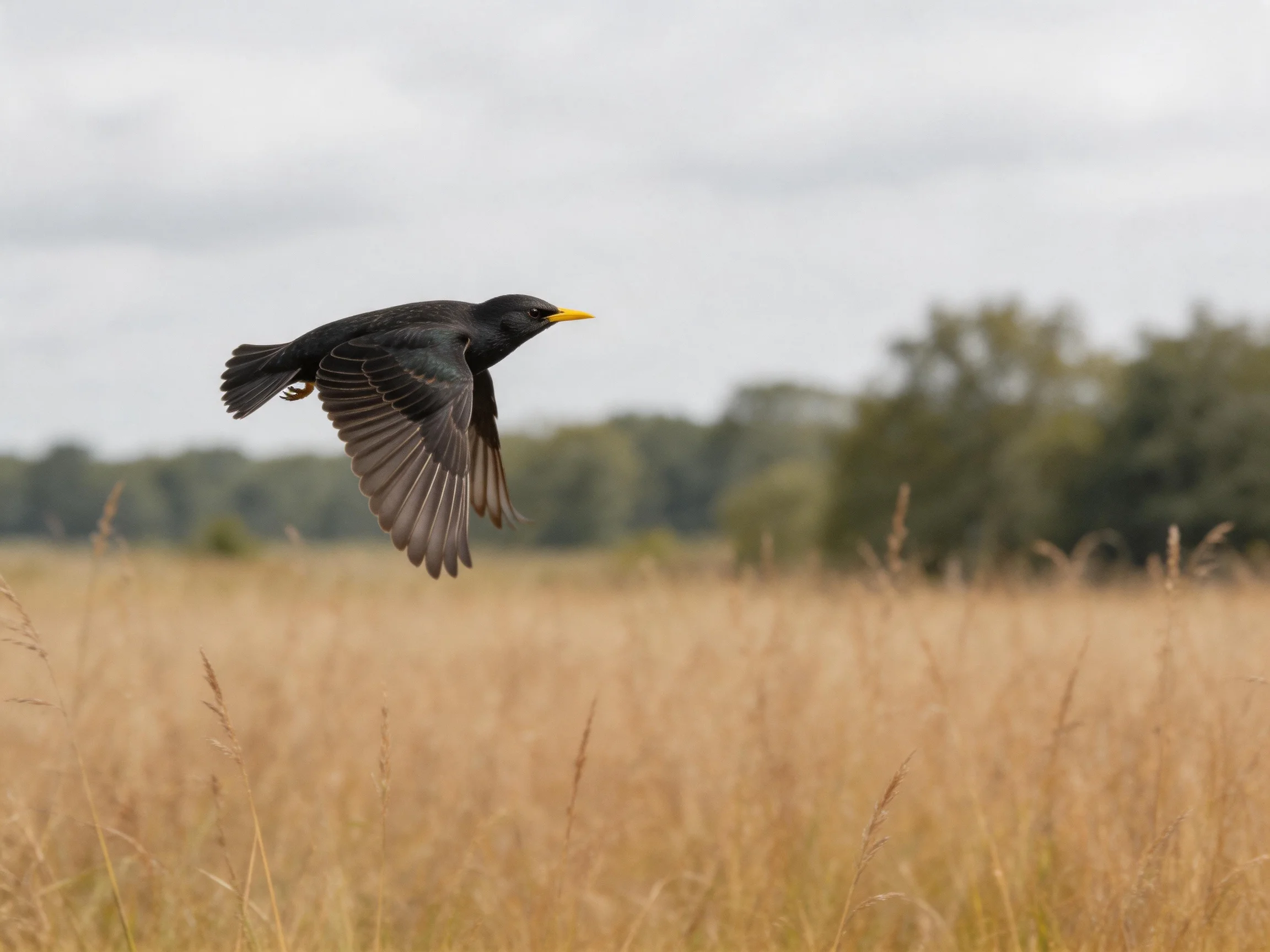 Black bird with yellow beak flying over golden grassland