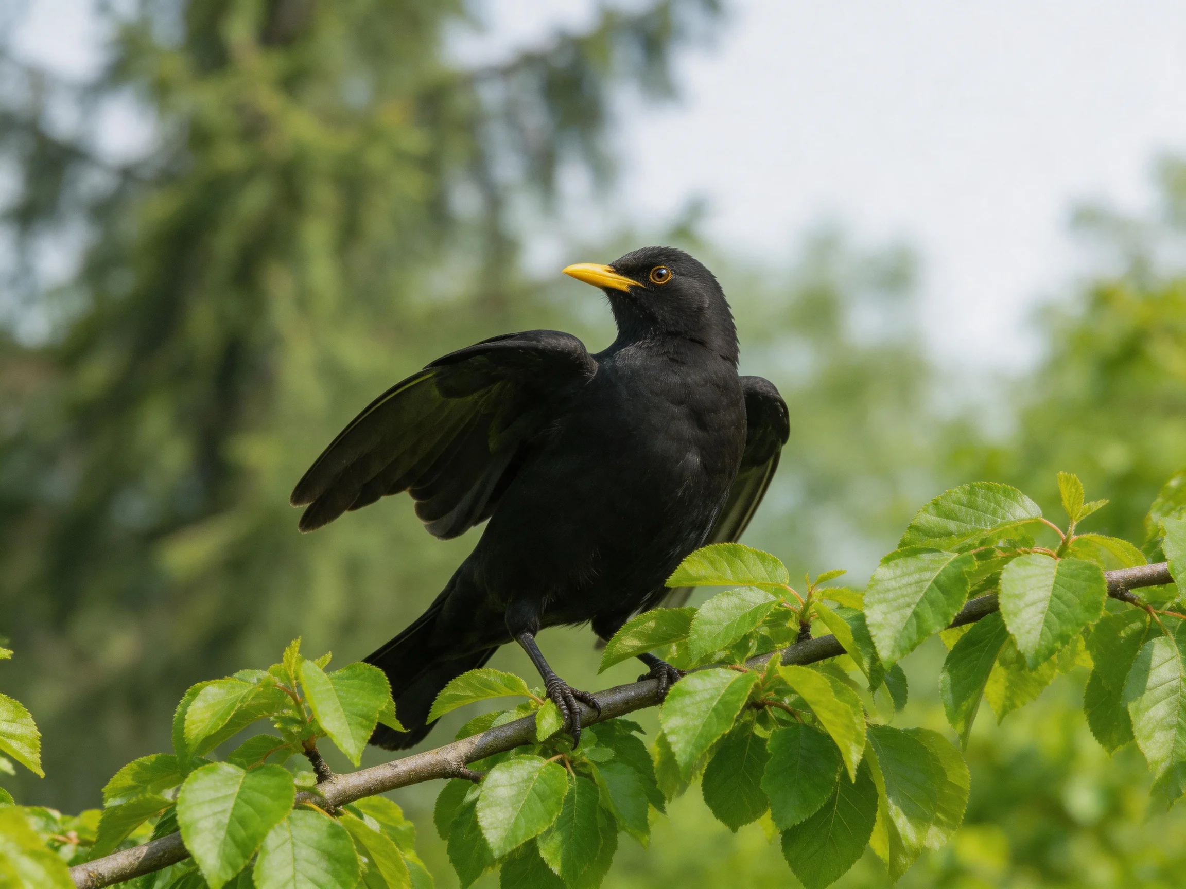 Black bird with yellow beak perched on leafy branch