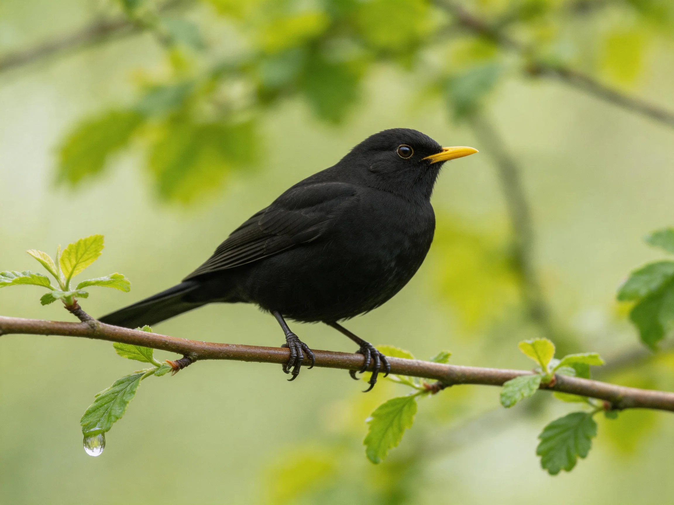 Black bird with yellow beak perched on leafy branch
