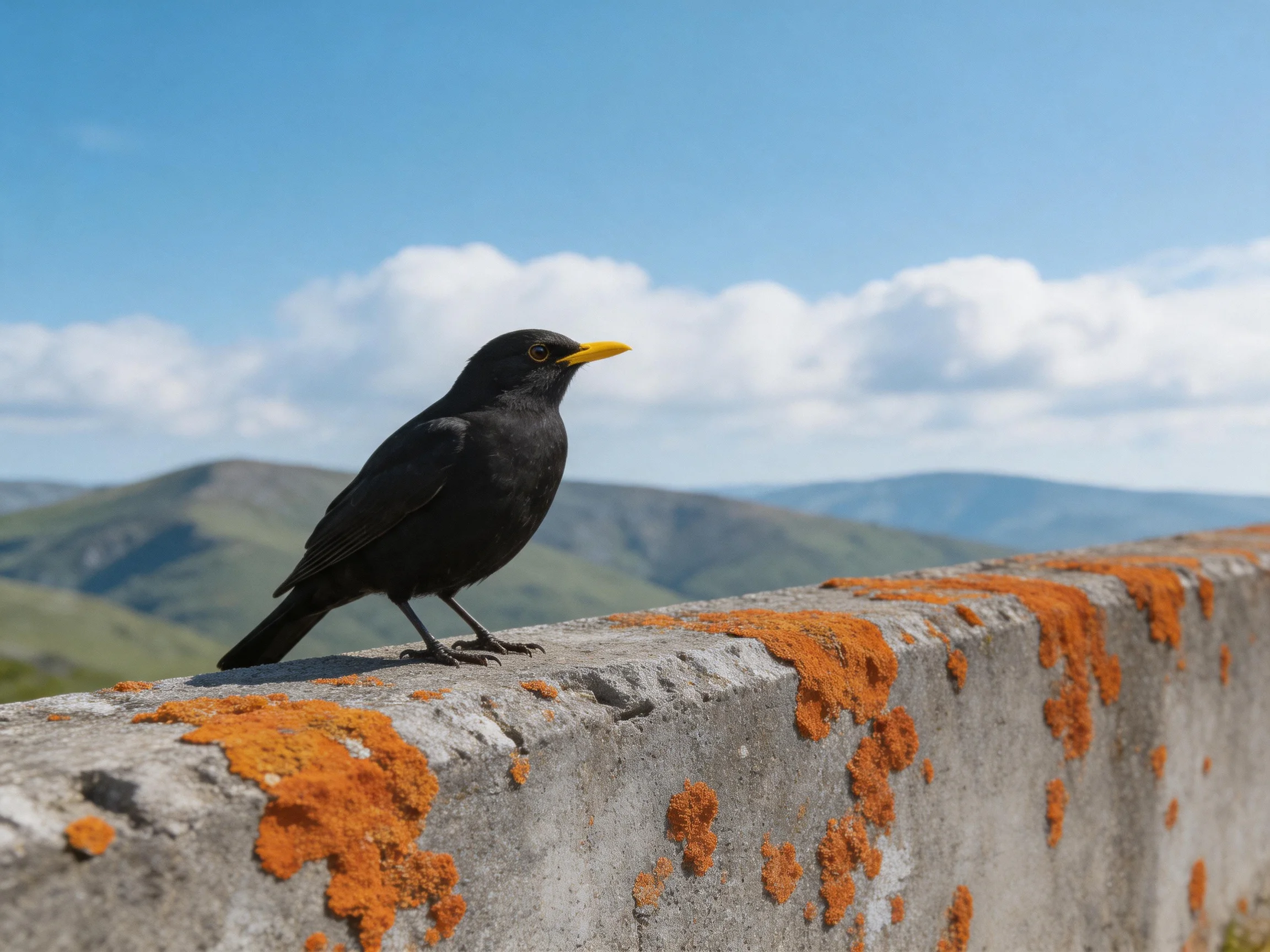 Black bird with yellow beak perched on orange-lichen-covered concrete barrier