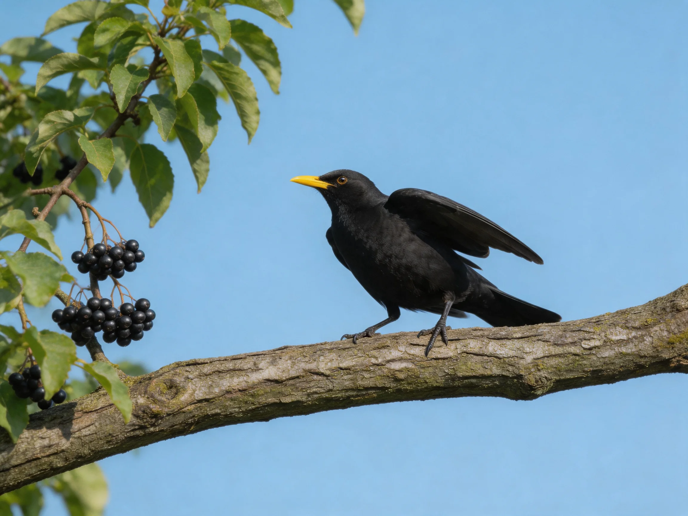 Black bird with yellow beak perched on tree branch near dark berries