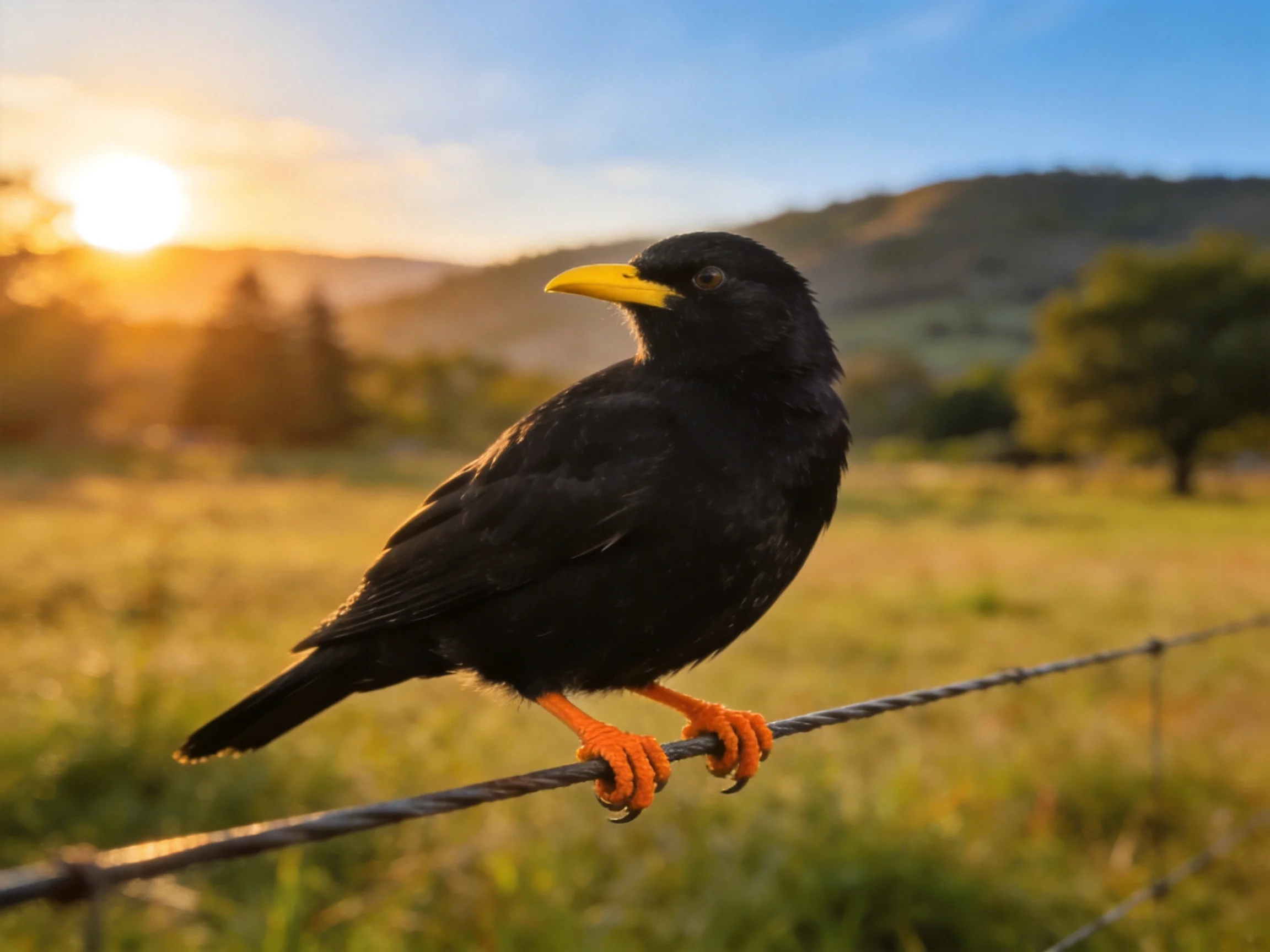 Black bird with yellow beak perched on wire fence at sunset