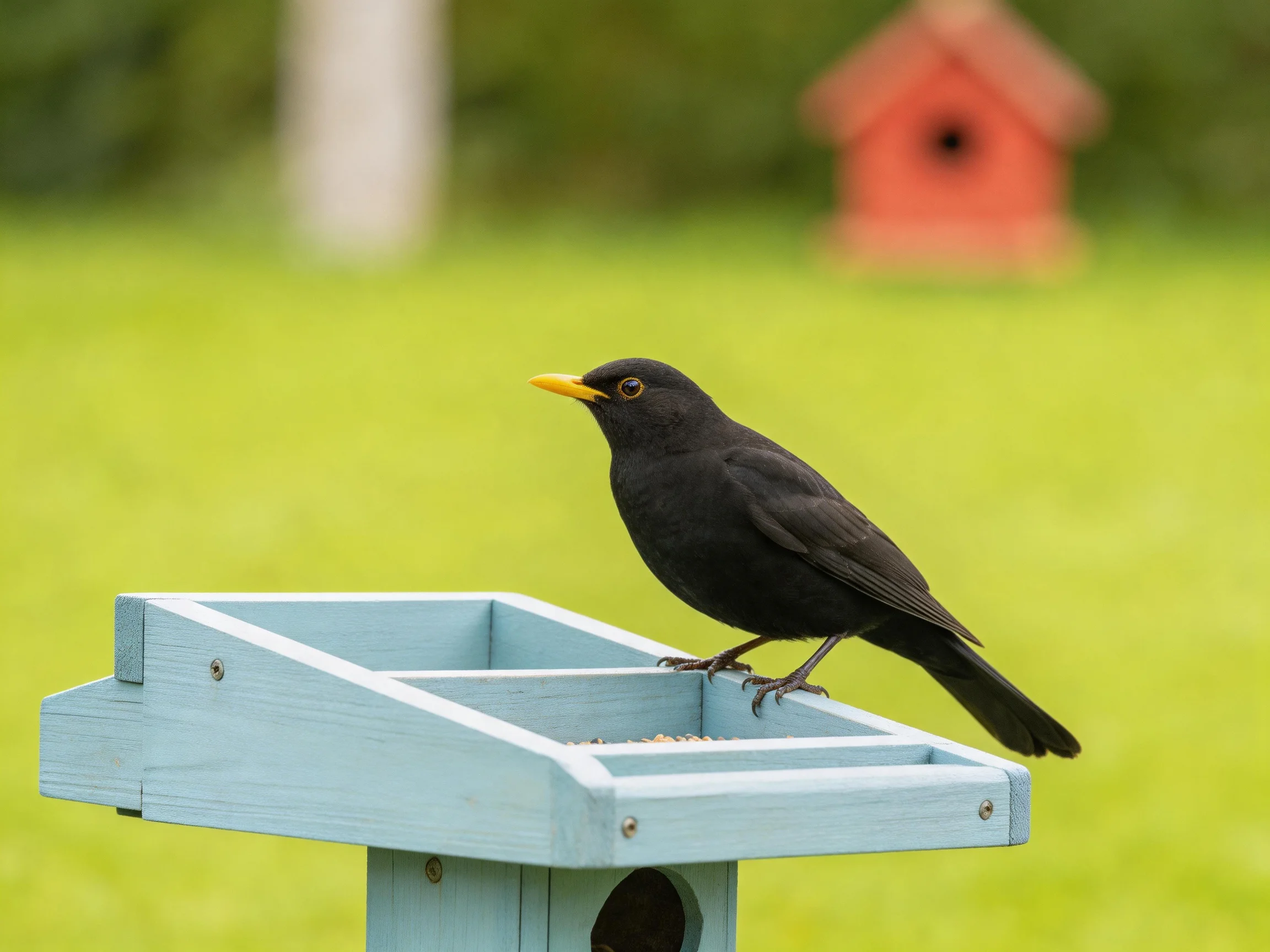 Black bird with yellow beak perches on light blue wooden feeder near red birdhouse
