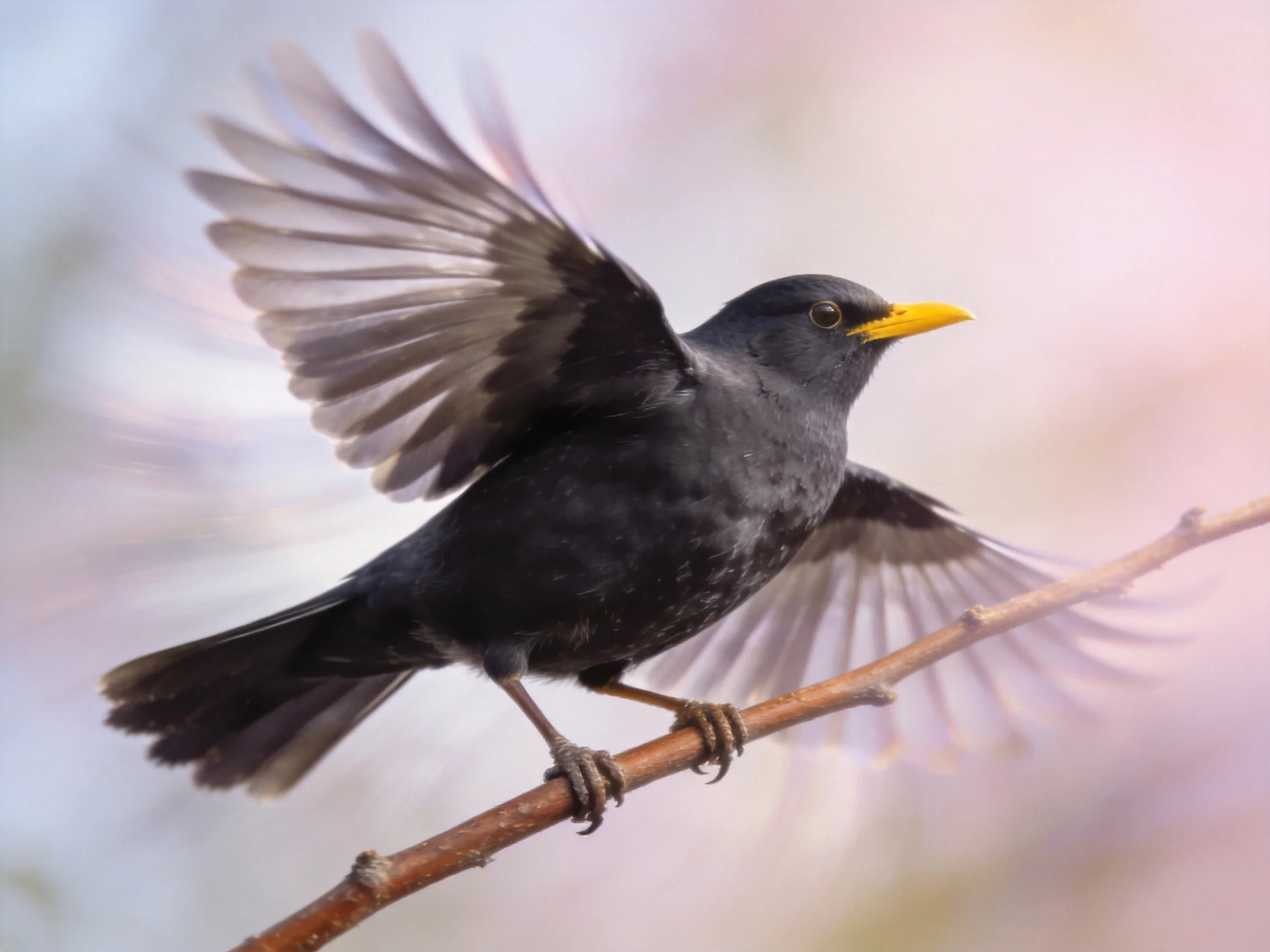 Black bird with yellow beak spreading wings on a branch