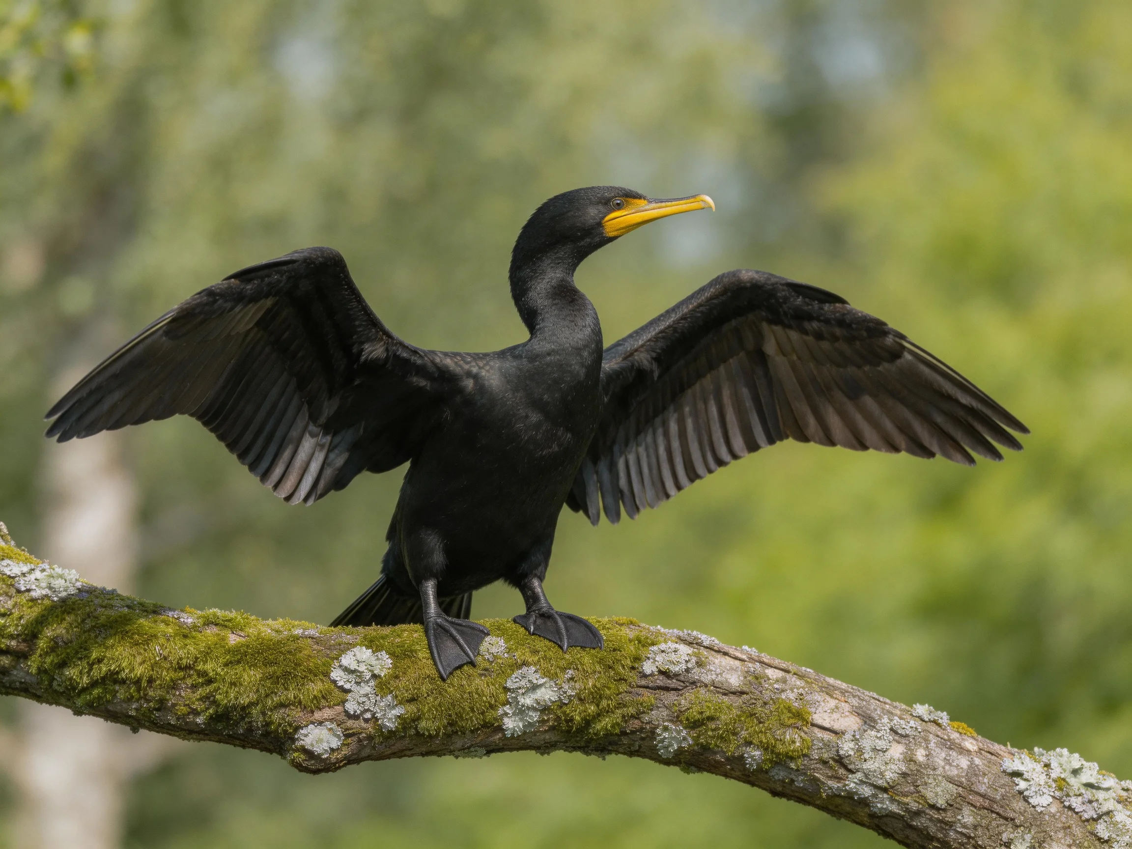 Black bird with yellow beak spreading wings on mossy branch