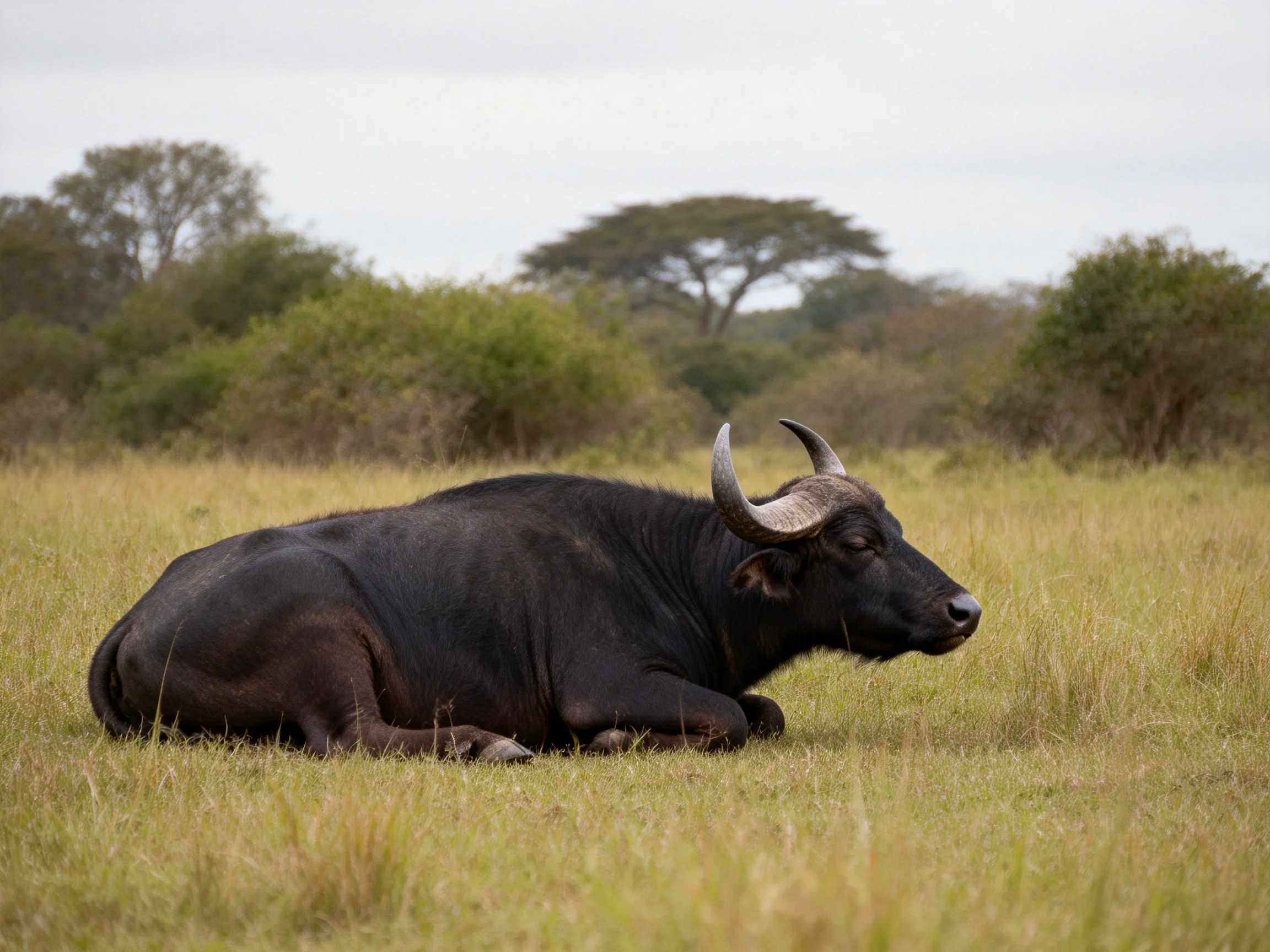 Black buffalo resting in golden savannah grass