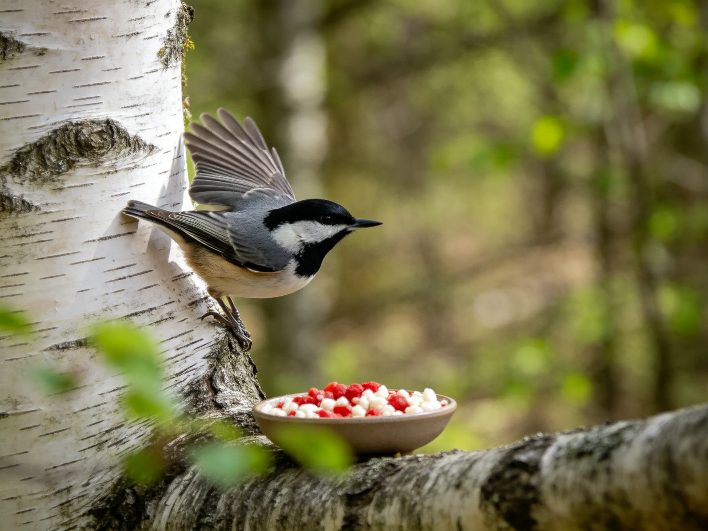 Black-capped bird on birch tree with seed bowl