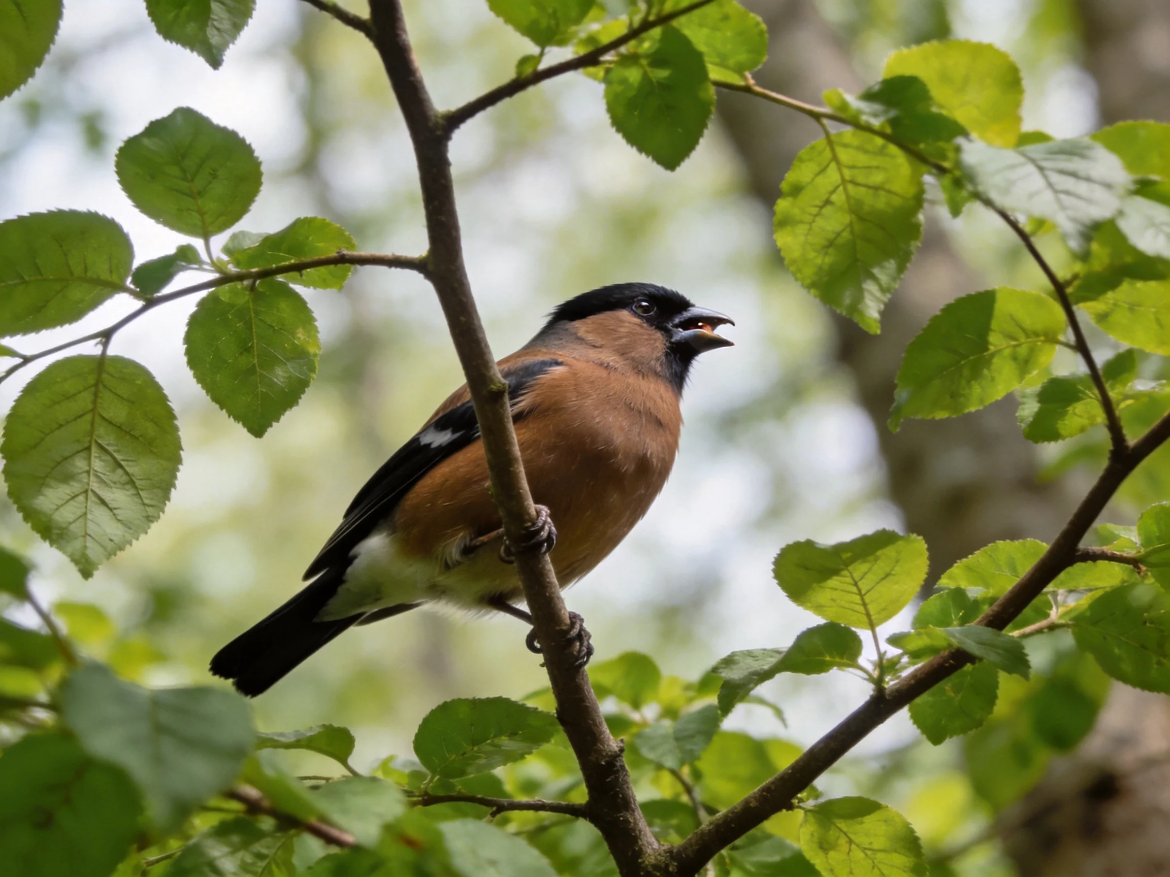 Black-capped bird perched amid vibrant green foliage