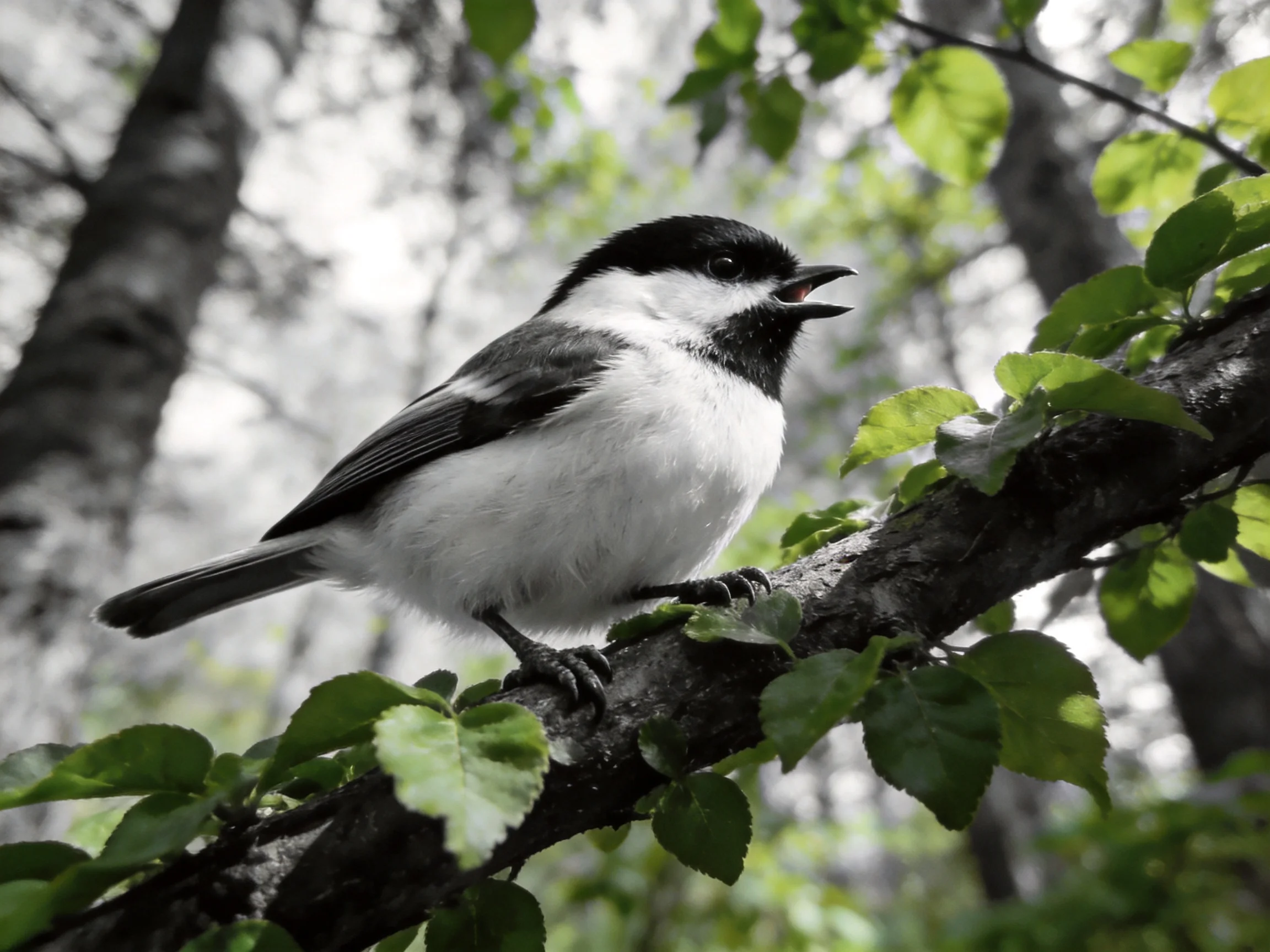 Black-capped bird perched on leaf-covered branch among trees